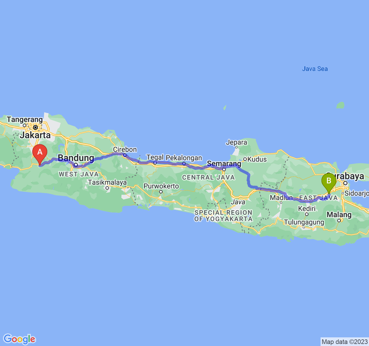 perjalanan dengan rute Kota Sukabumi-Kota Mojokerto