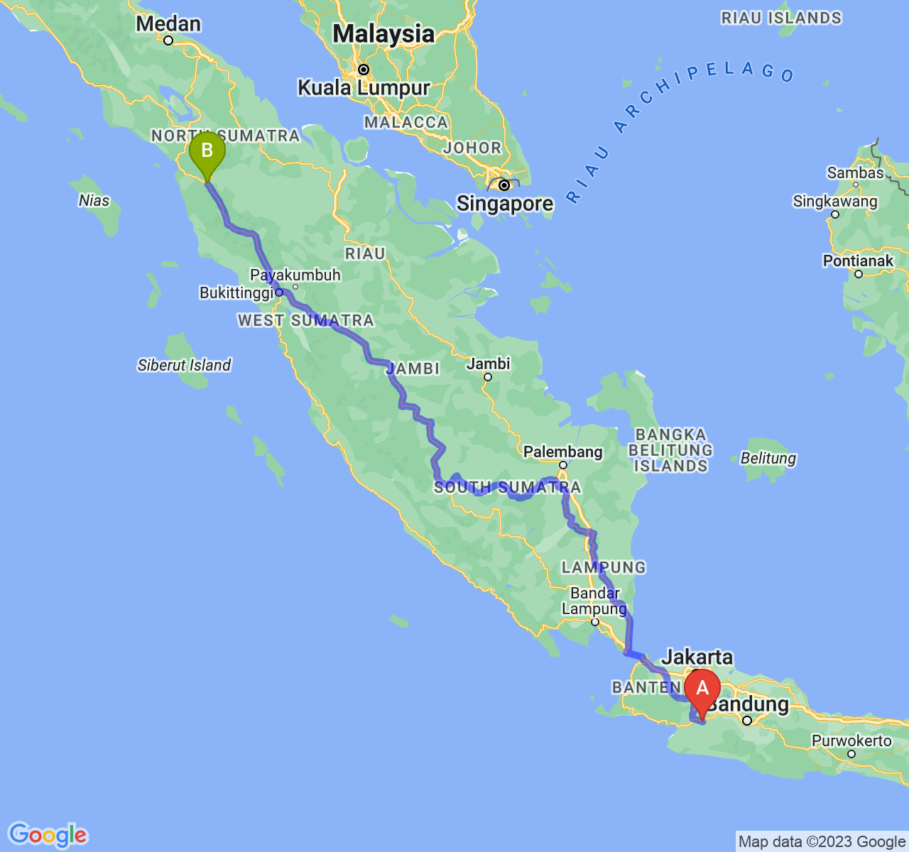 perjalanan dengan rute Kota Sukabumi-Kota Padang Sidimpuan