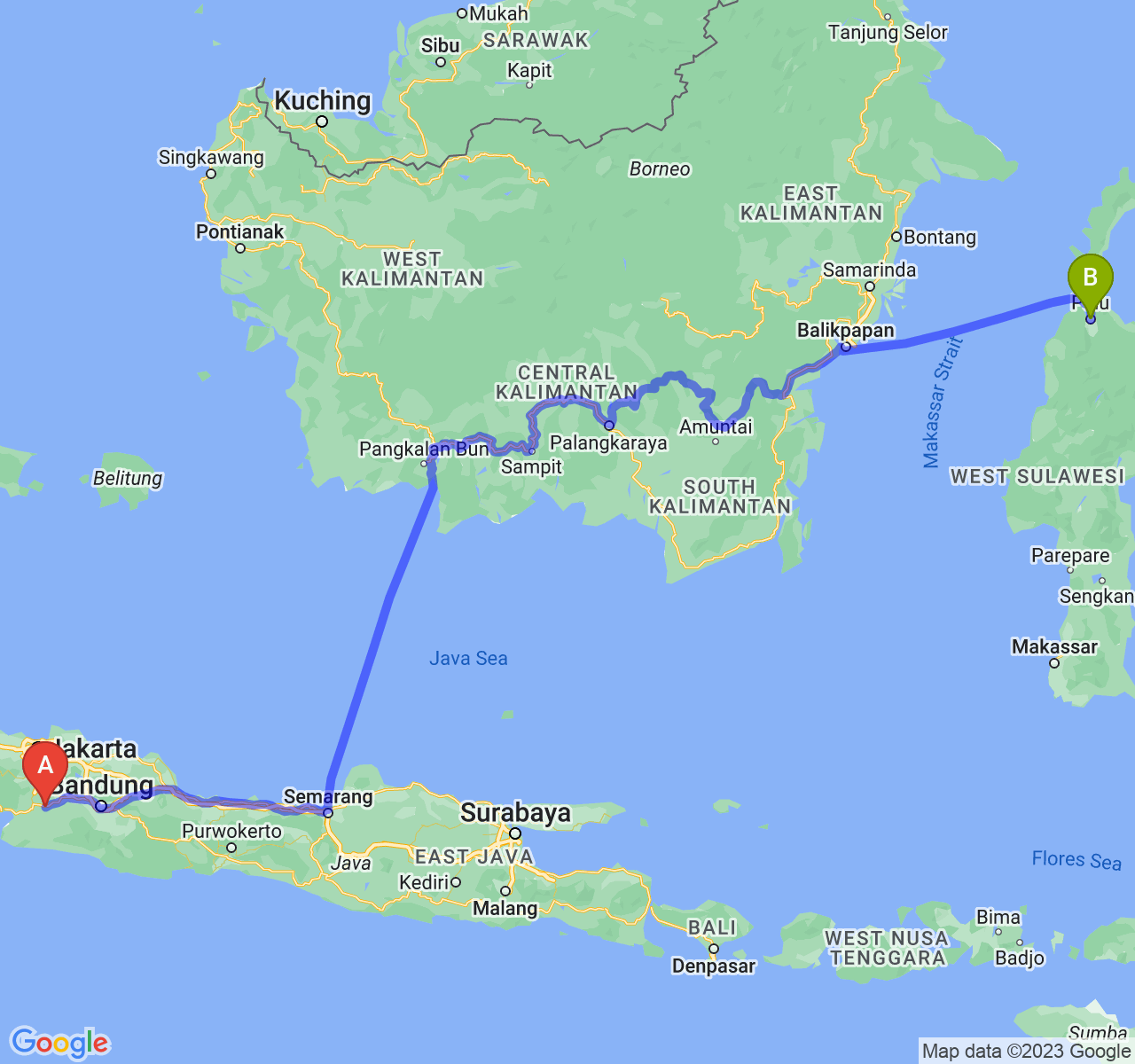 perjalanan dengan rute Kota Sukabumi-Kota Palu