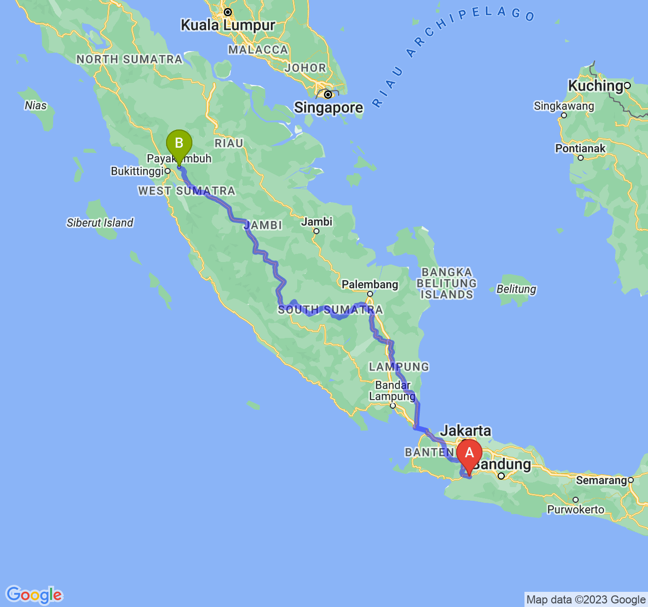 perjalanan dengan rute Kota Sukabumi-Kota Payakumbuh