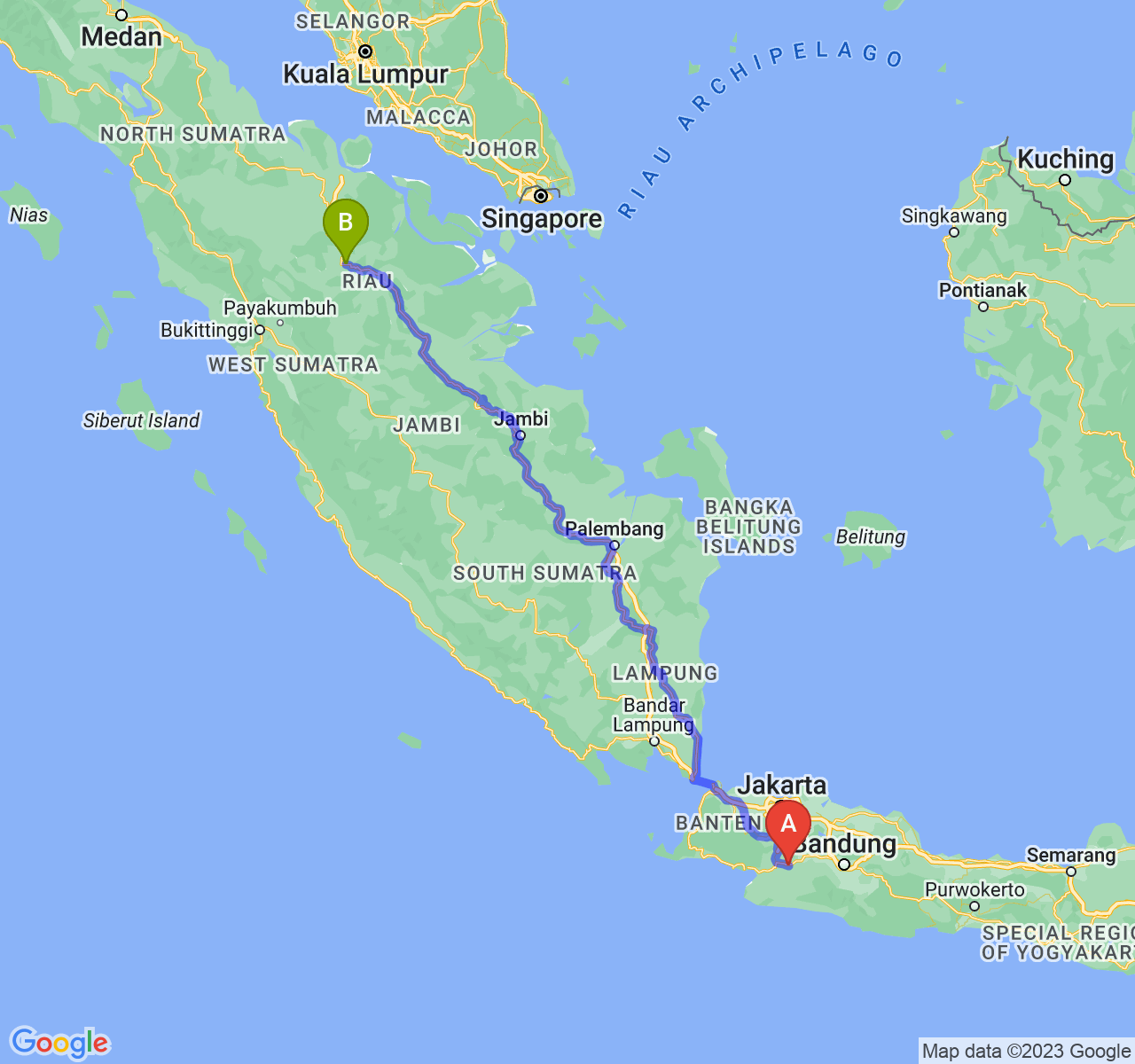 perjalanan dengan rute Kota Sukabumi-Kota Pekanbaru