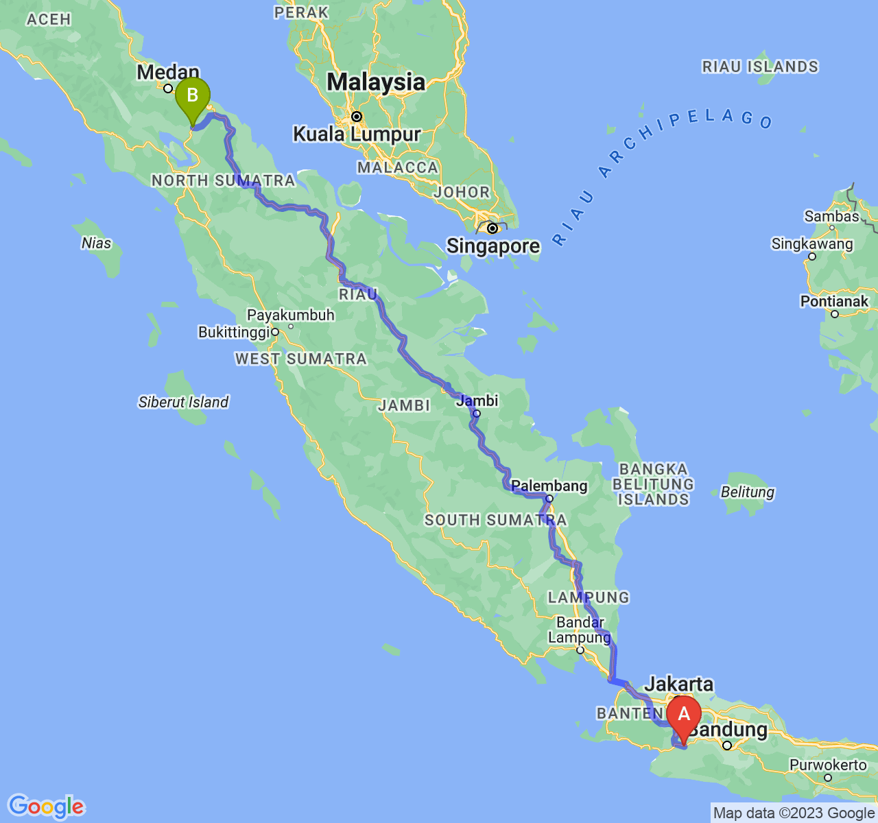 perjalanan dengan rute Kota Sukabumi-Kota Pematangsiantar