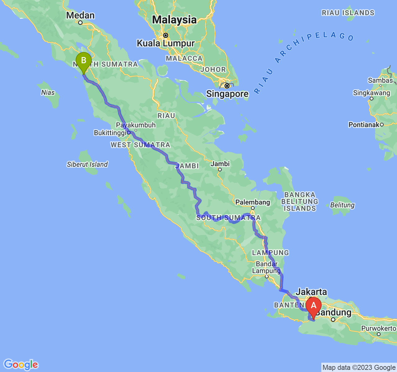 perjalanan dengan rute Kota Sukabumi-Kota Sibolga