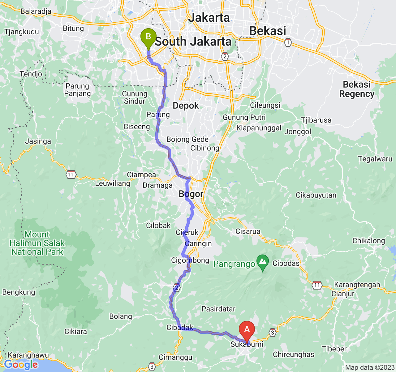 perjalanan dengan rute Kota Sukabumi-Kota Tangerang Selatan