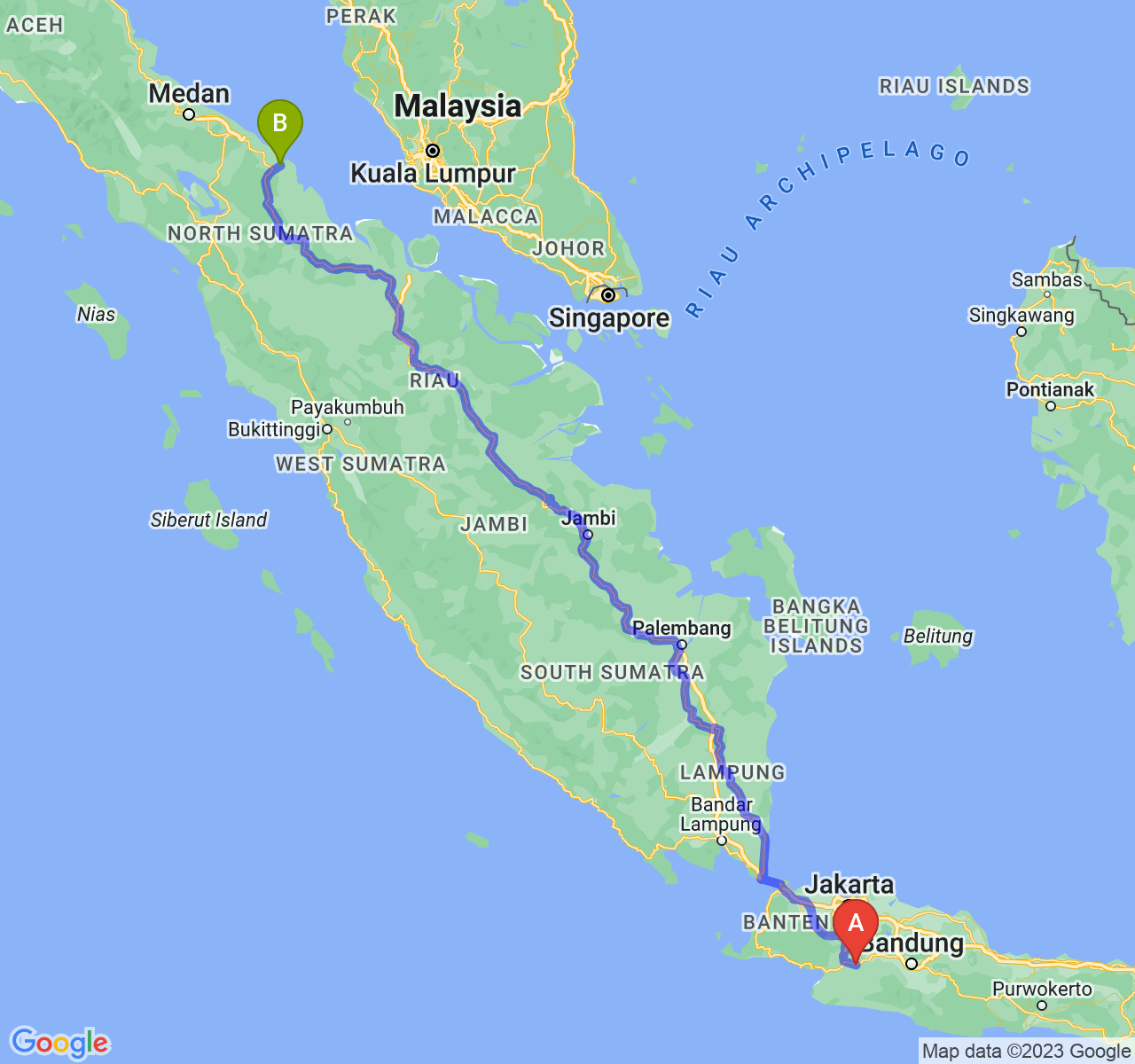 perjalanan dengan rute Kota Sukabumi-Kota Tanjung Balai