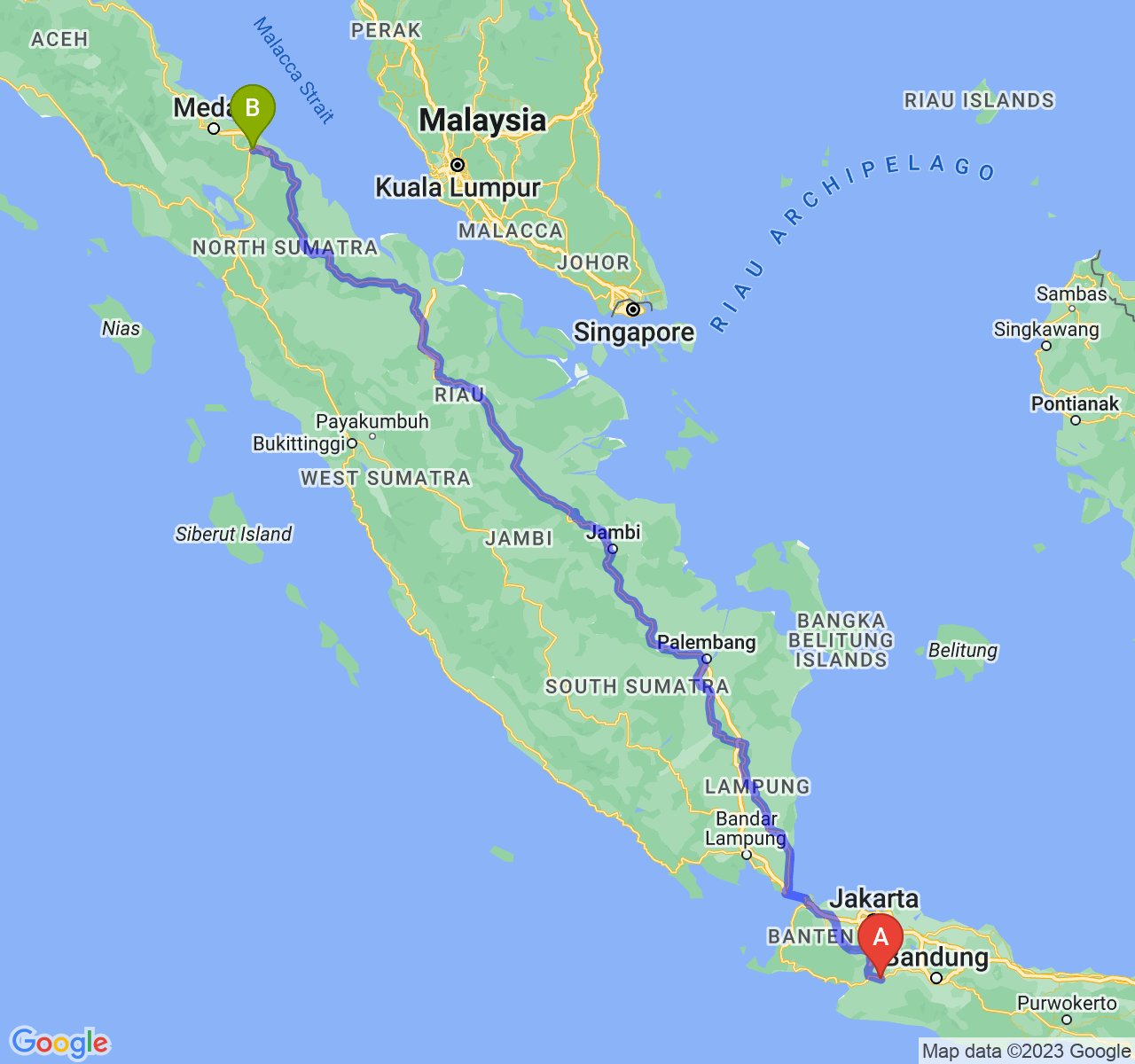 perjalanan dengan rute Kota Sukabumi-Kota Tebing Tinggi