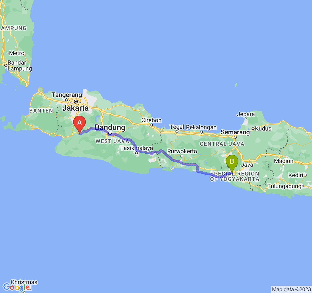 perjalanan dengan rute Kota Sukabumi-Kota Yogyakarta