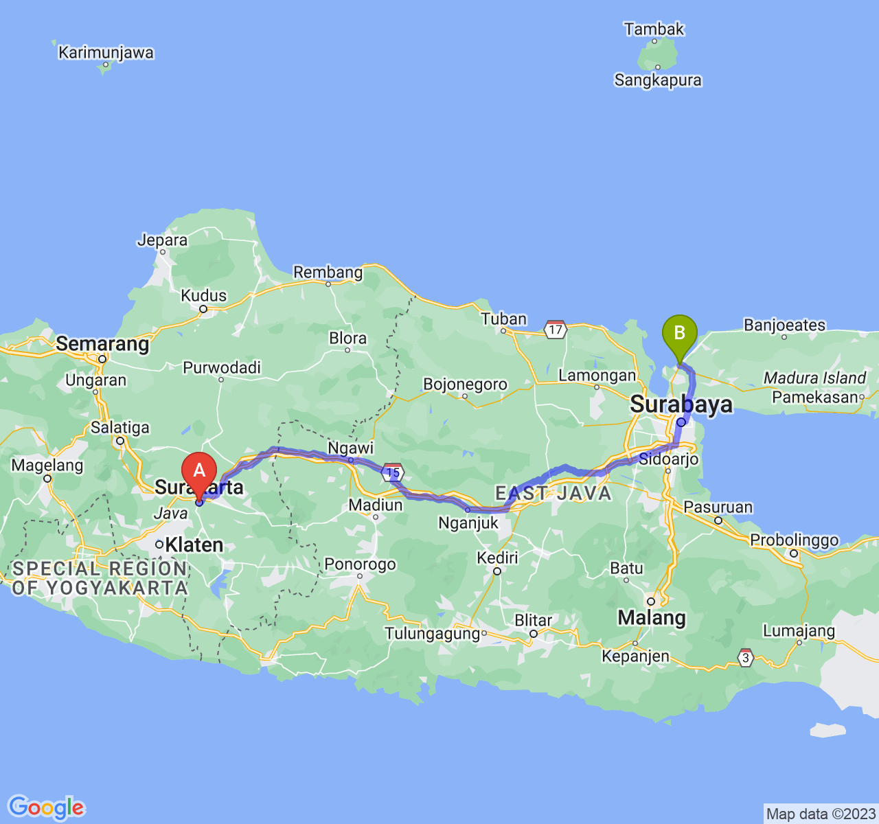 perjalanan dengan rute Kota Surakarta-Kab. Bangkalan