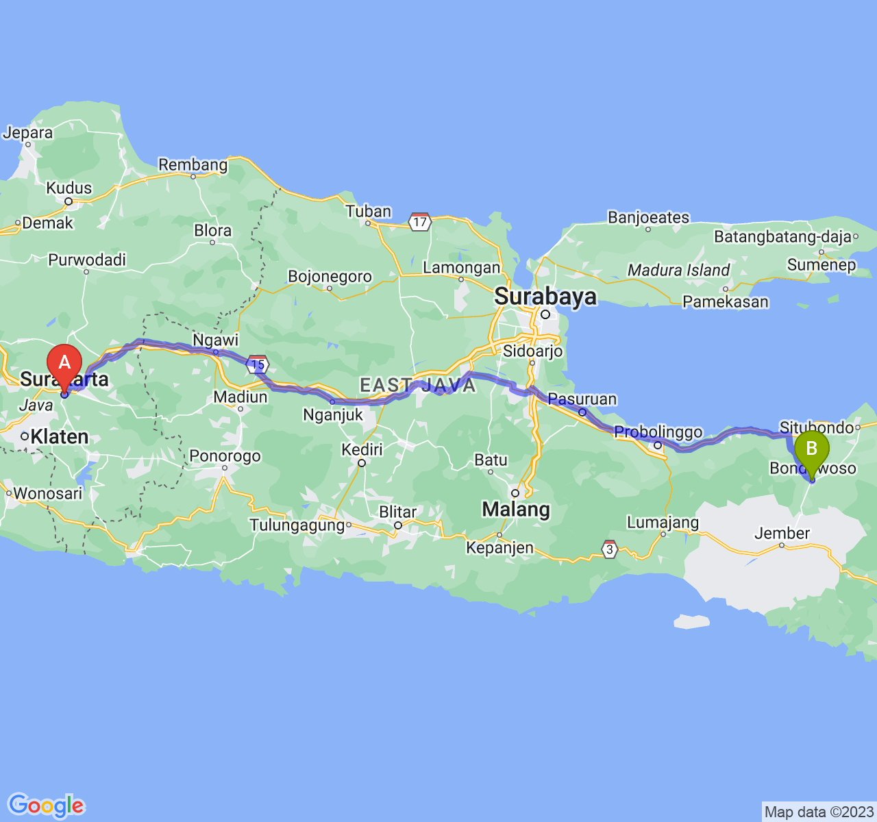 perjalanan dengan rute Kota Surakarta-Kab. Bondowoso