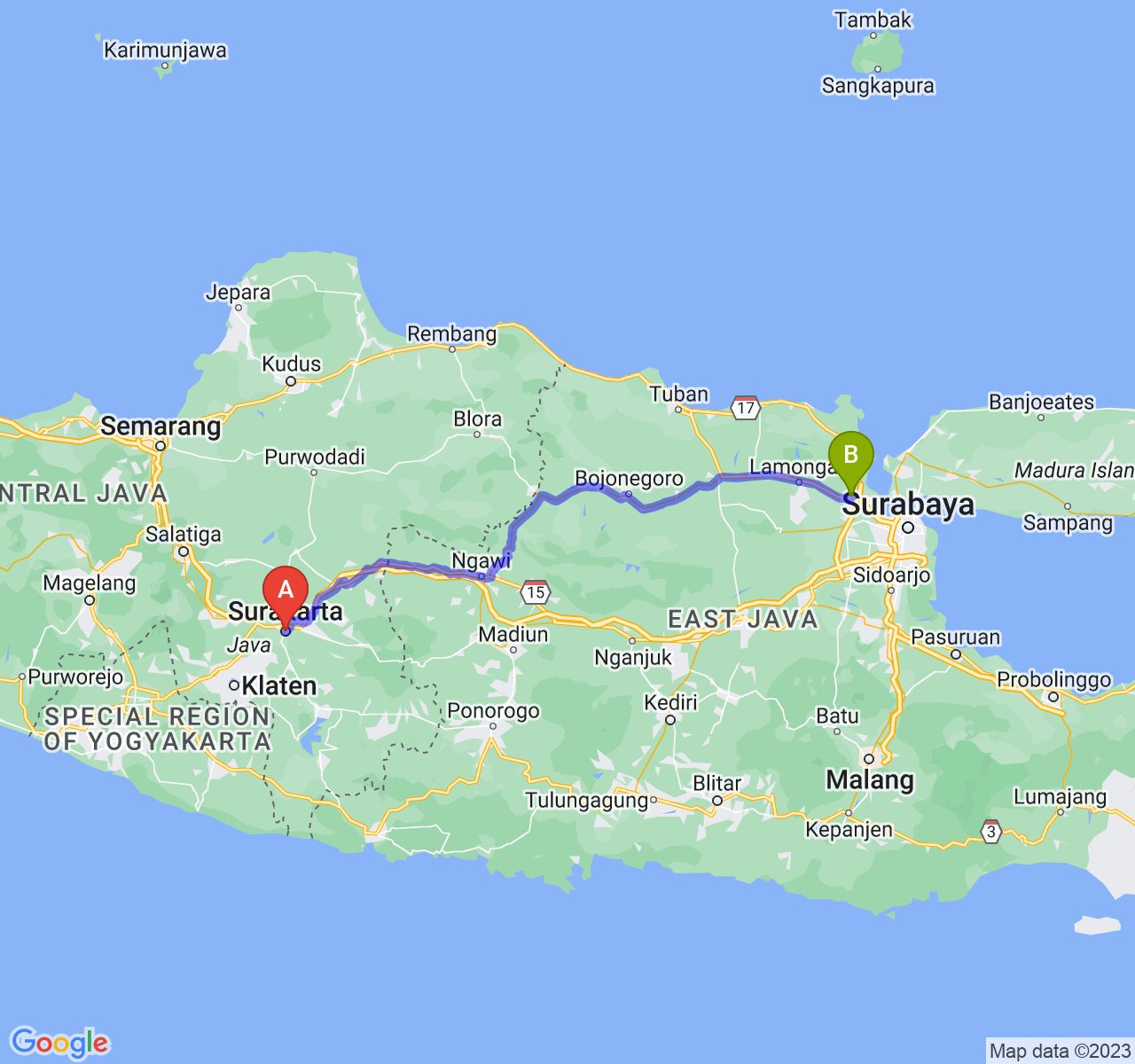 perjalanan dengan rute Kota Surakarta-Kab. Gresik