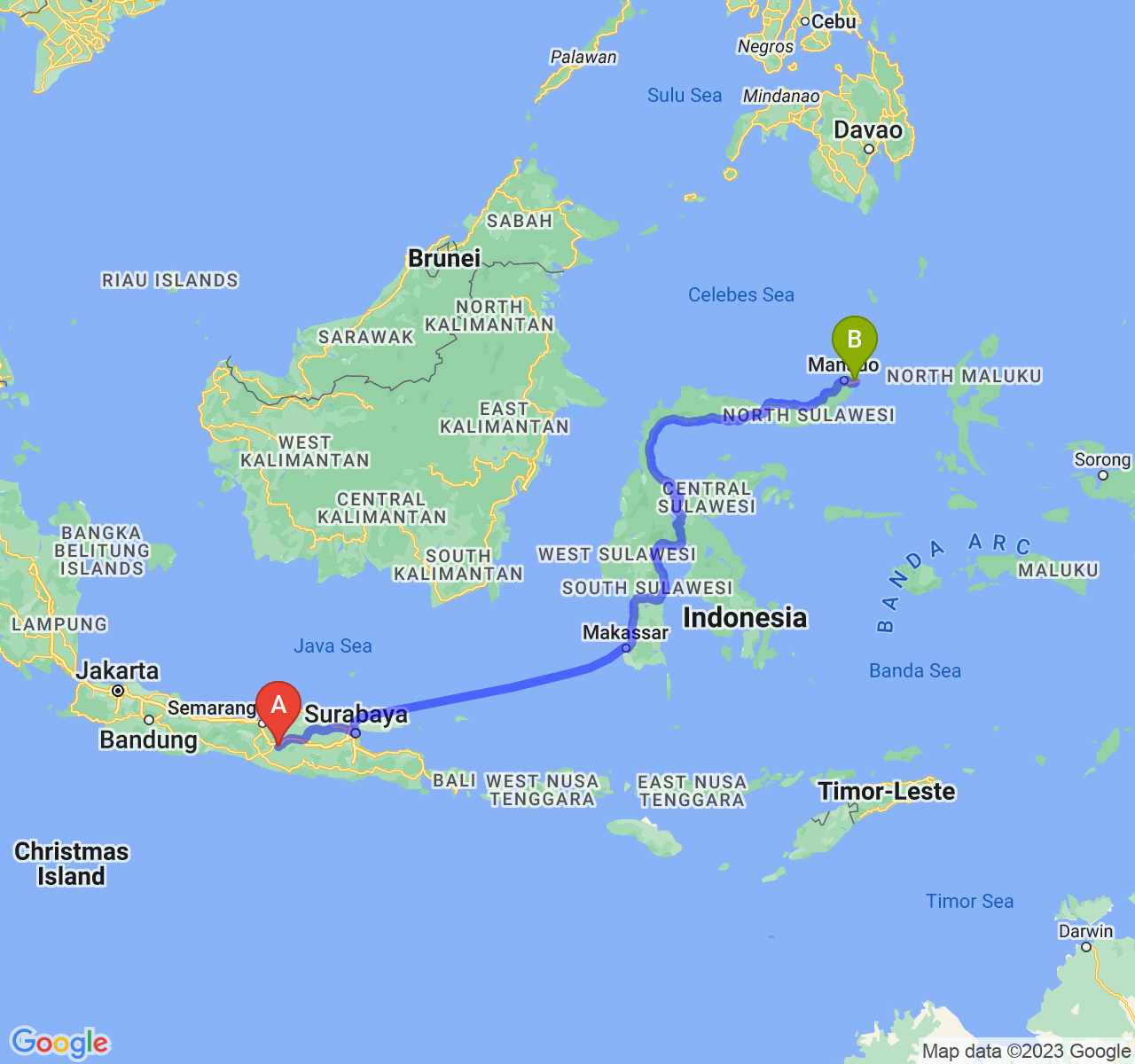 perjalanan dengan rute Kota Surakarta-Kota Bitung