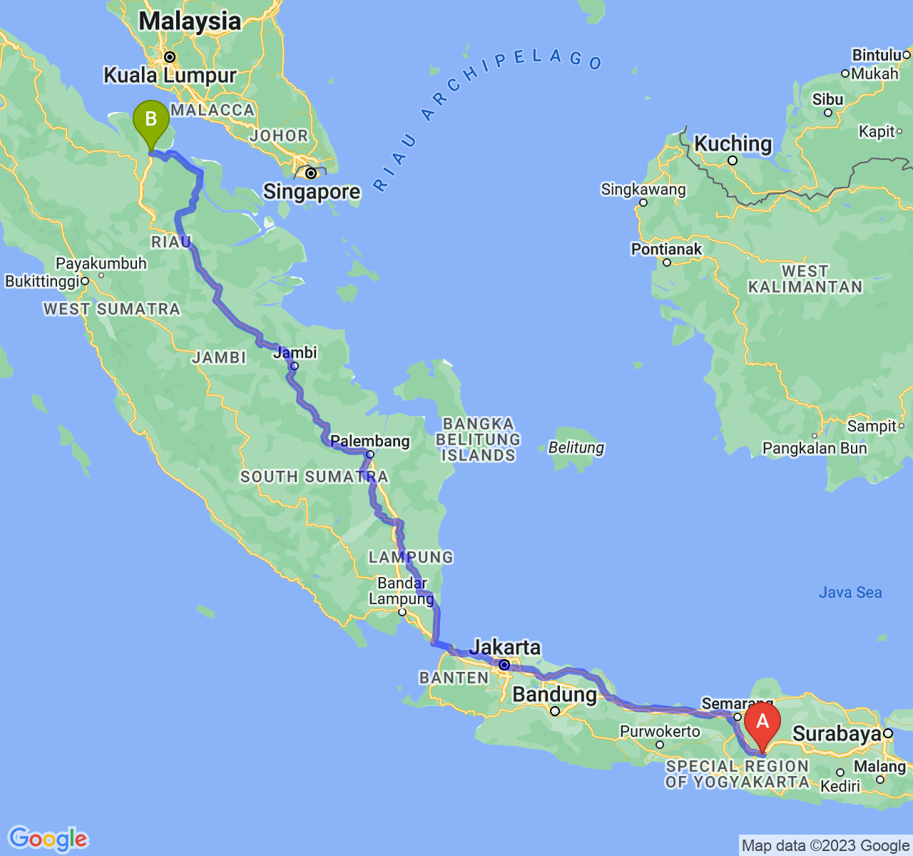 perjalanan dengan rute Kota Surakarta-Kota Dumai