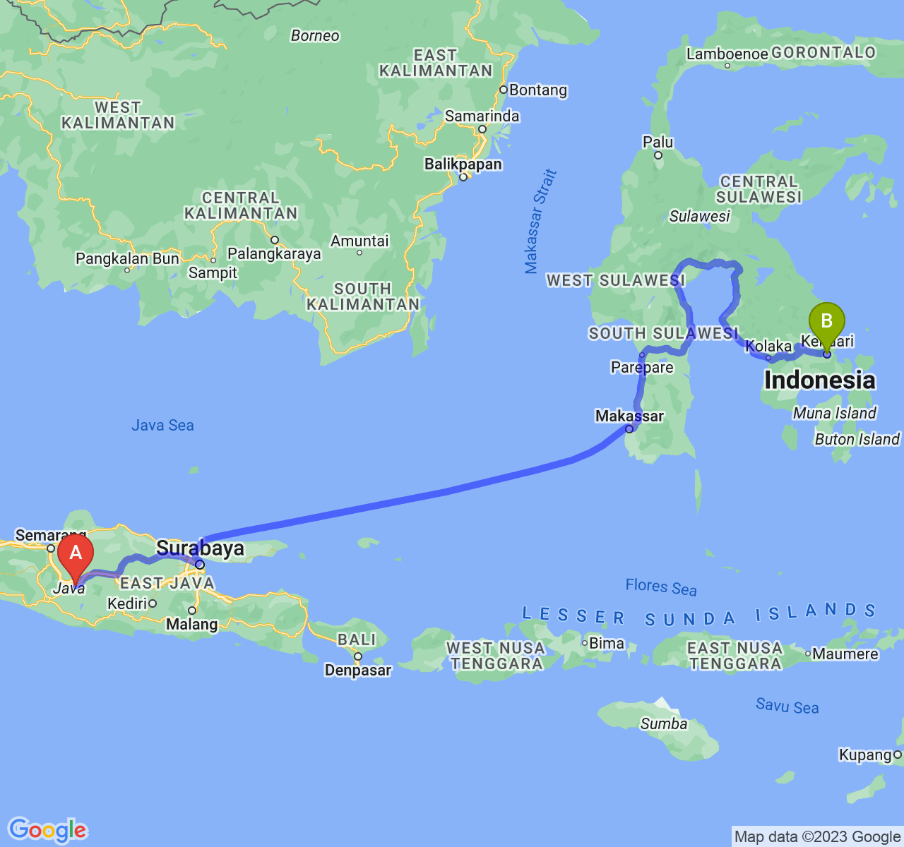 perjalanan dengan rute Kota Surakarta-Kota Kendari