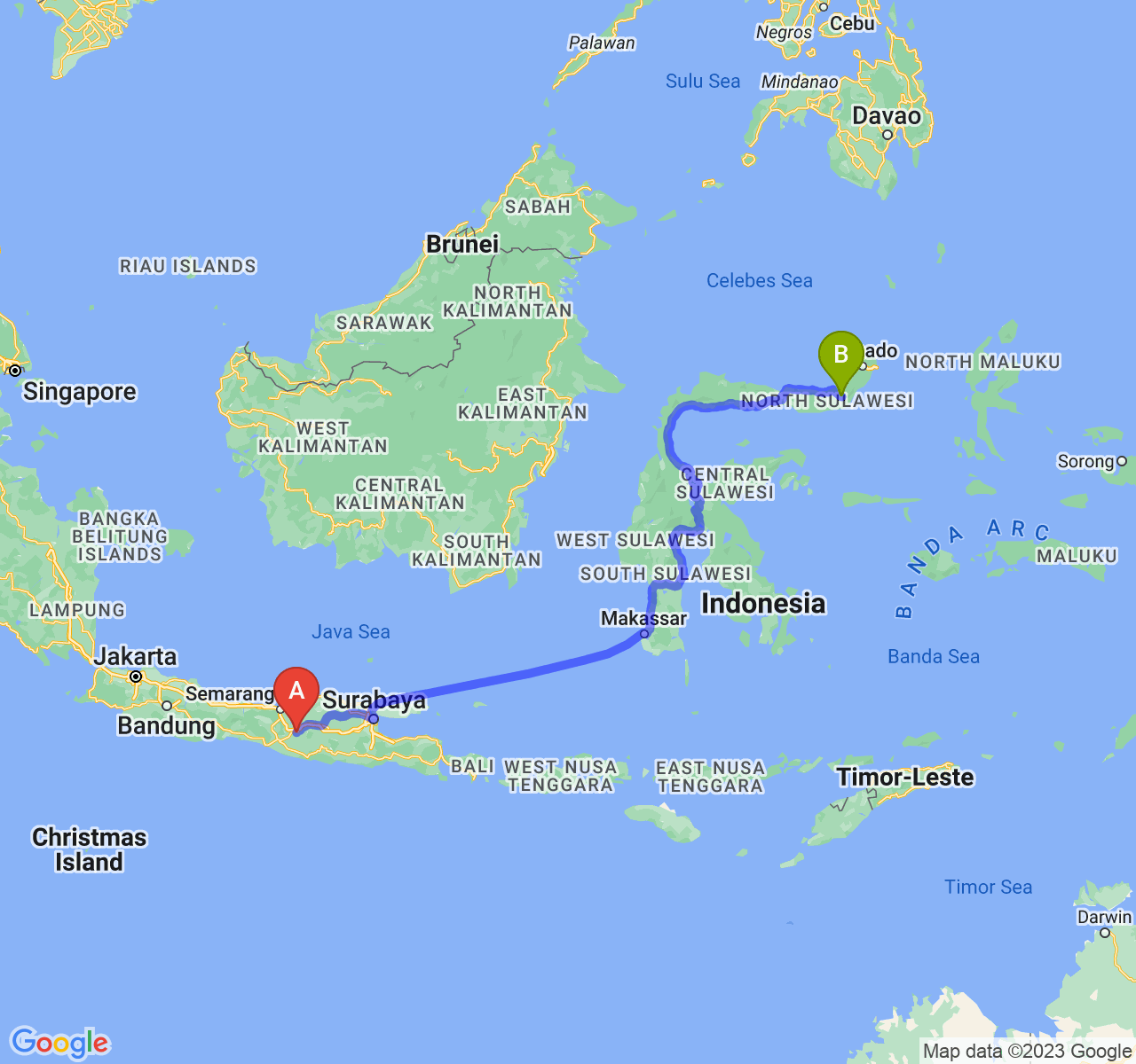 perjalanan dengan rute Kota Surakarta-Kota Kotamobagu