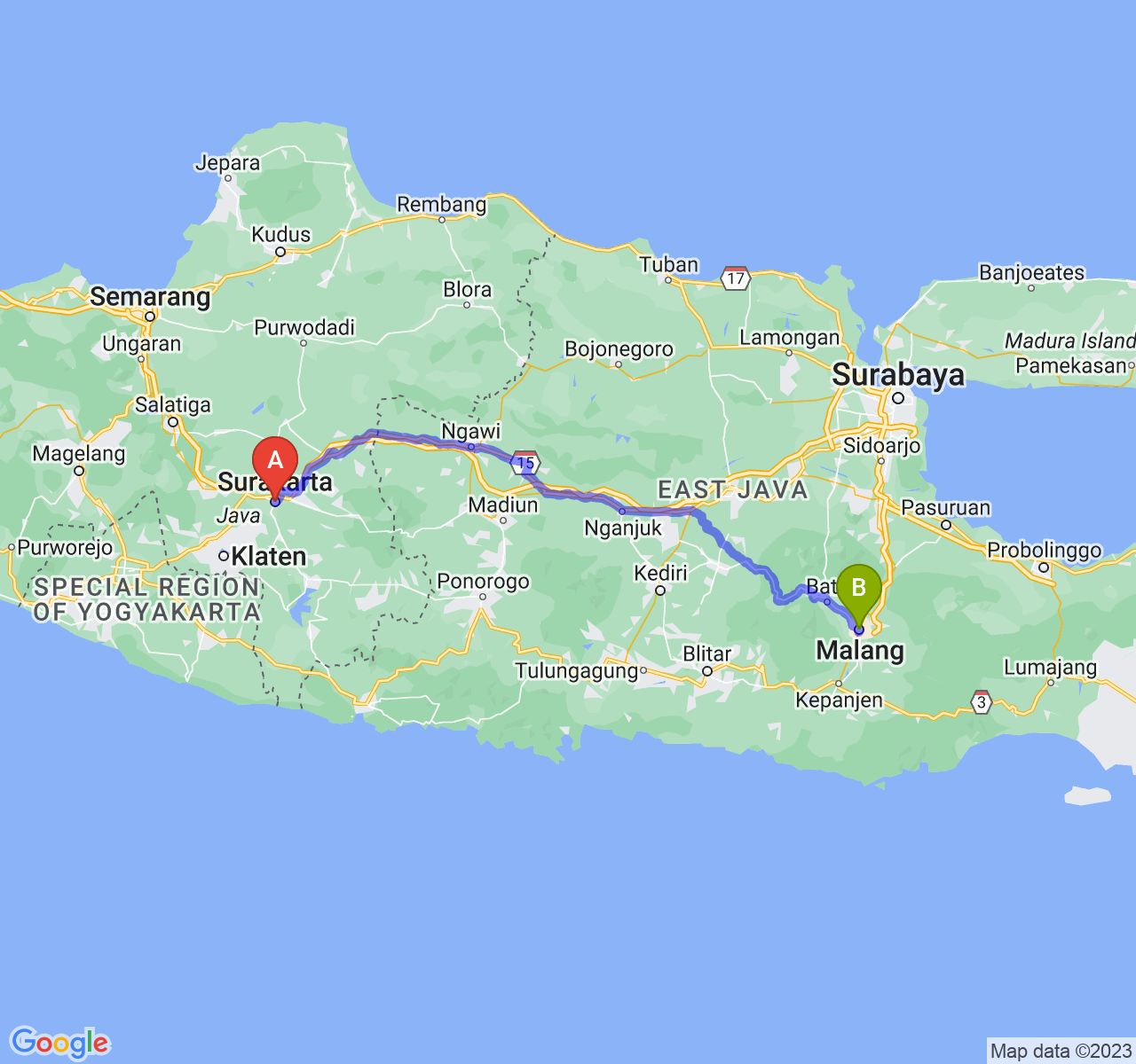 perjalanan dengan rute Kota Surakarta-Kota Malang