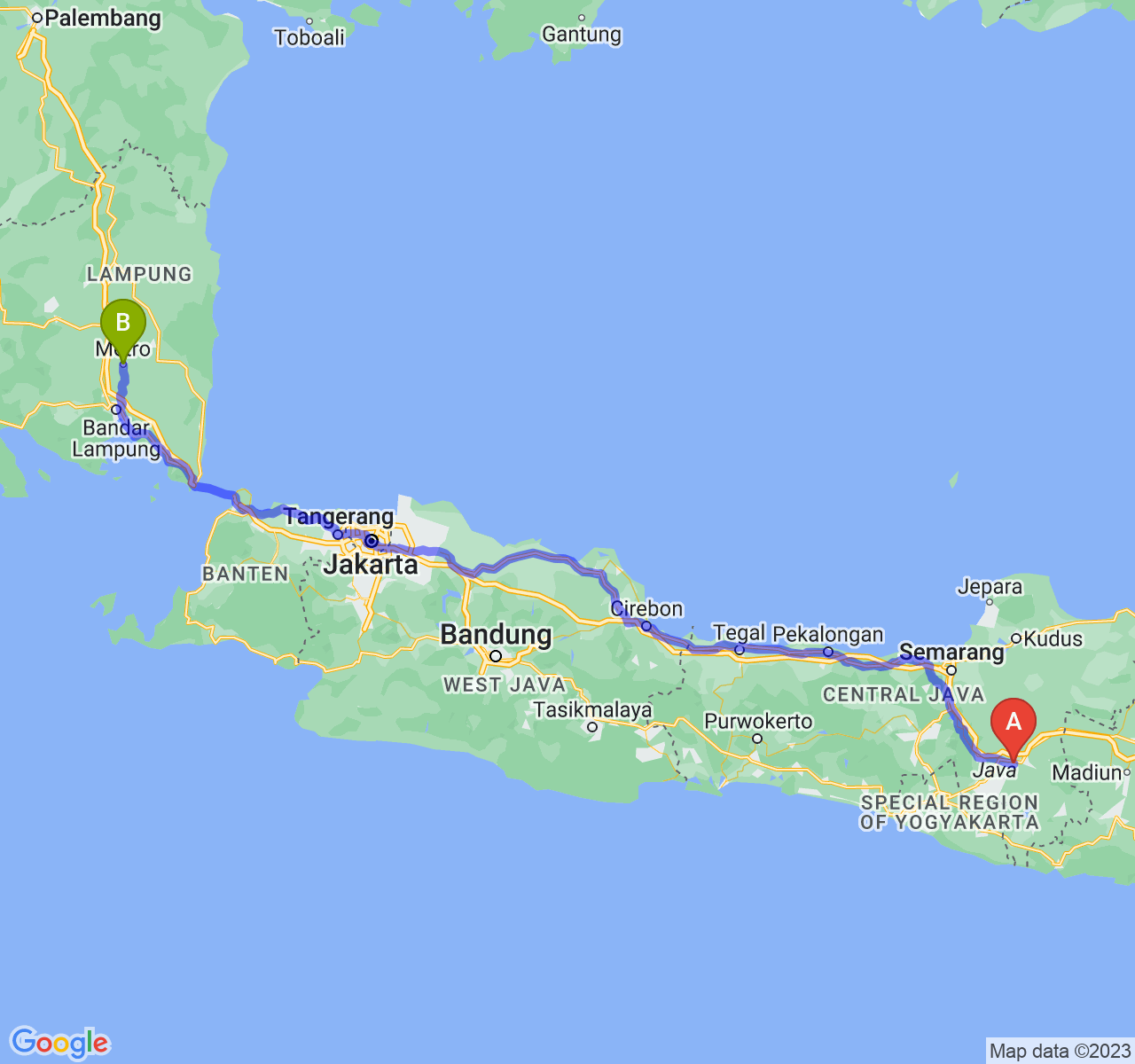 perjalanan dengan rute Kota Surakarta-Kota Metro