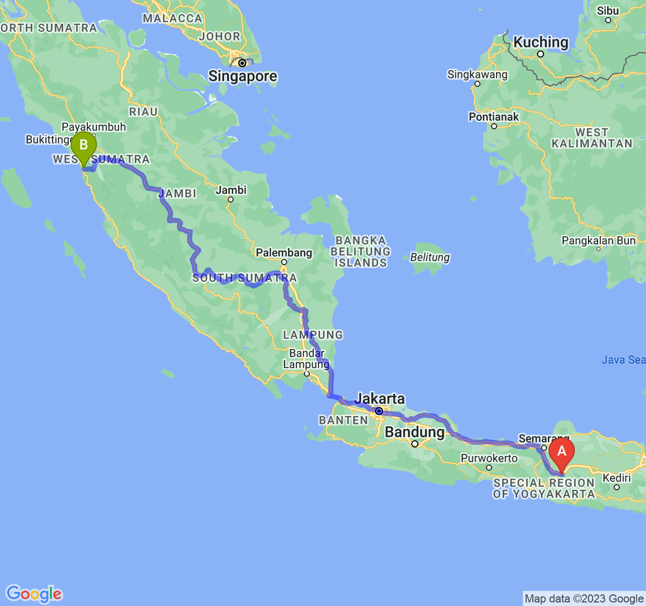 perjalanan dengan rute Kota Surakarta-Kota Padang