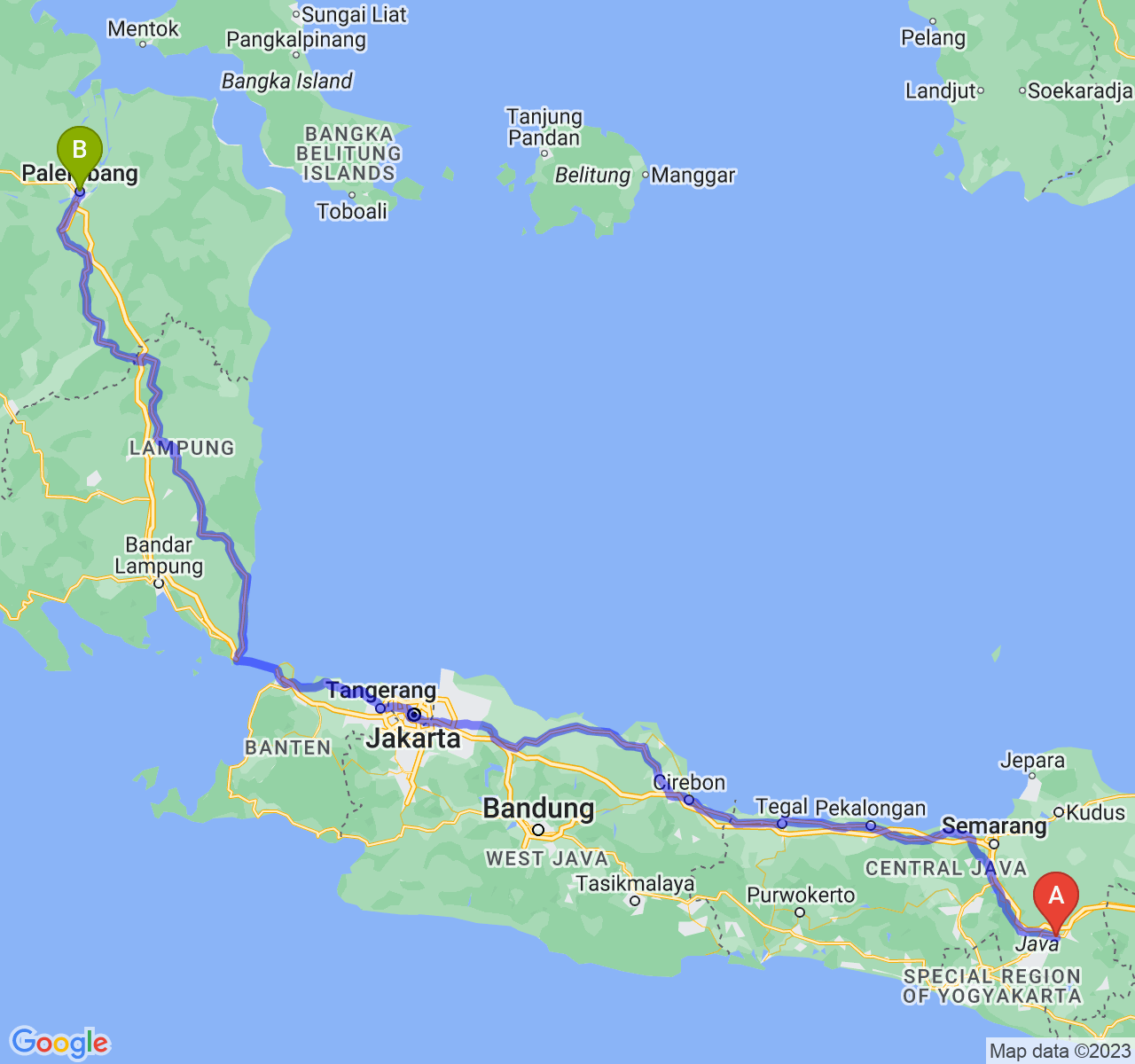 perjalanan dengan rute Kota Surakarta-Kota Palembang