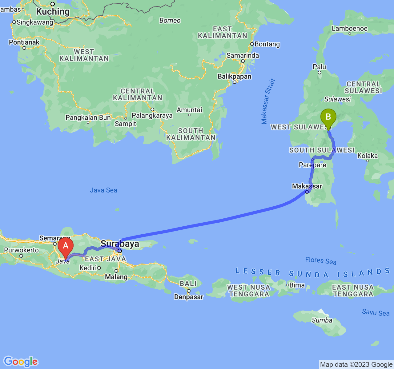 perjalanan dengan rute Kota Surakarta-Kota Palopo