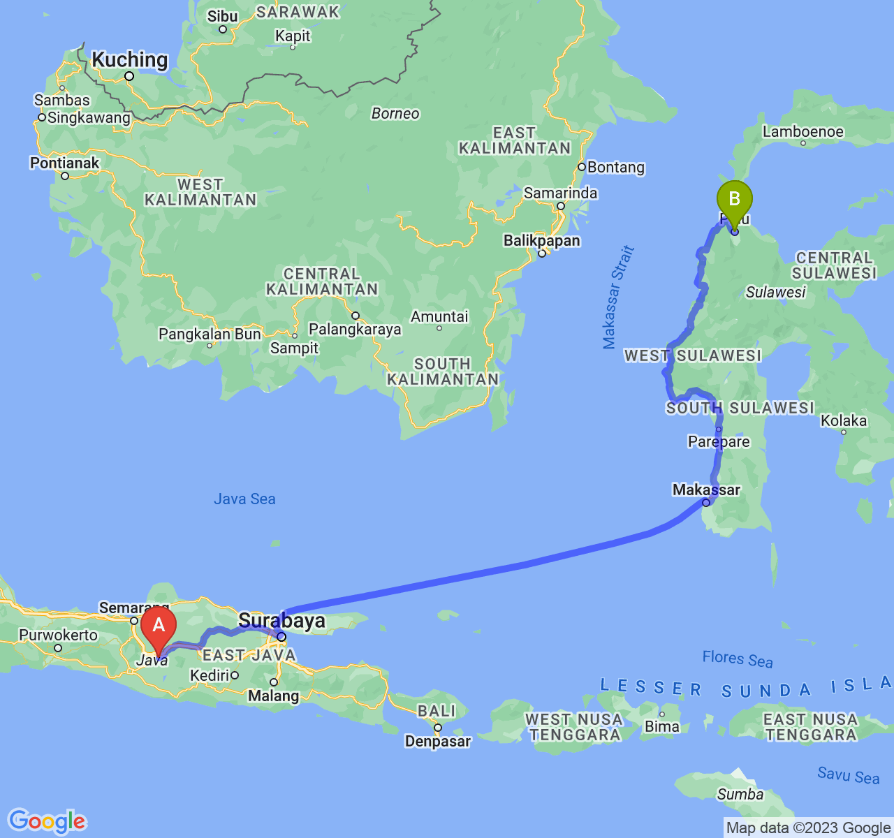 perjalanan dengan rute Kota Surakarta-Kota Palu