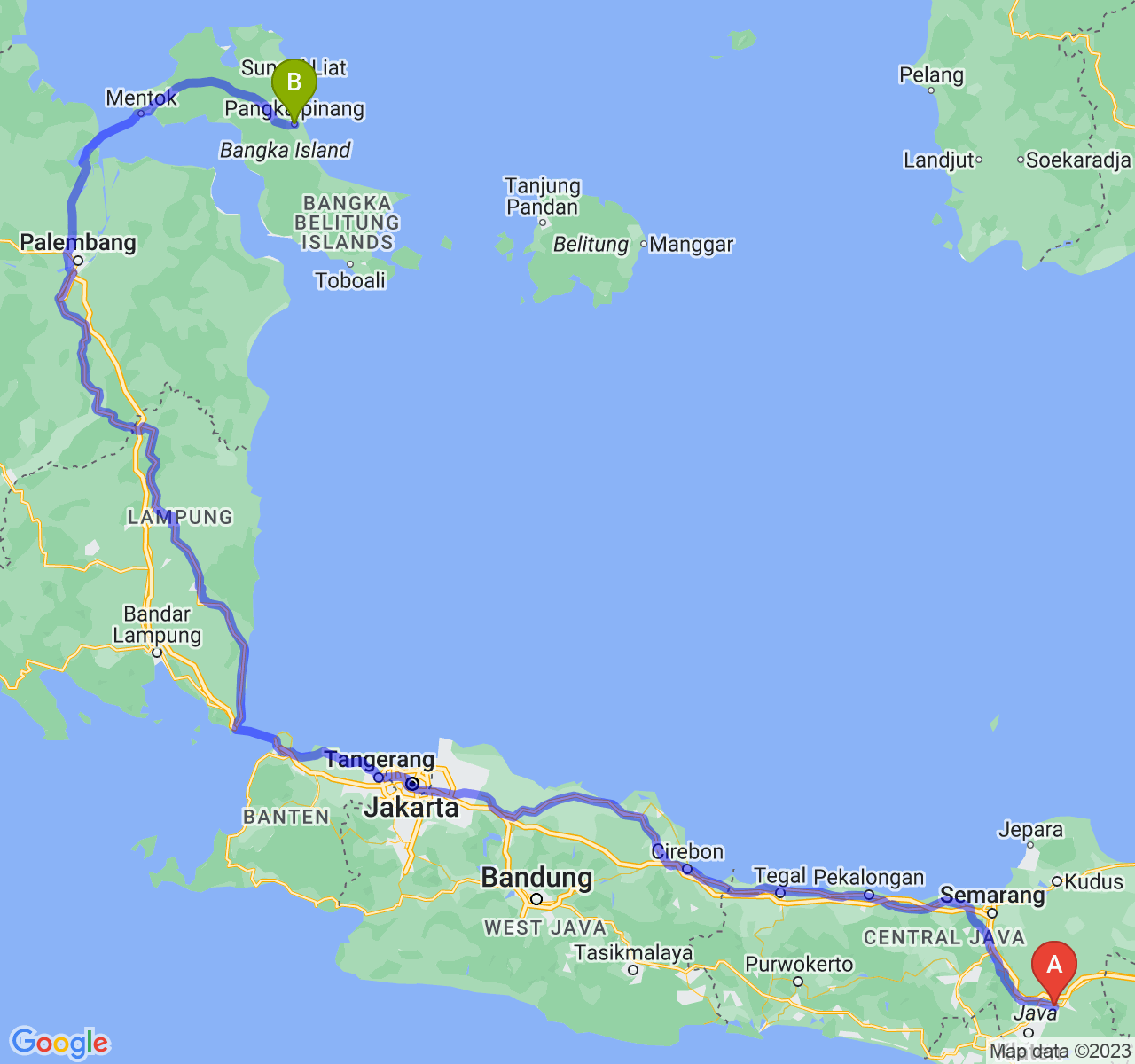 perjalanan dengan rute Kota Surakarta-Kota Pangkalpinang