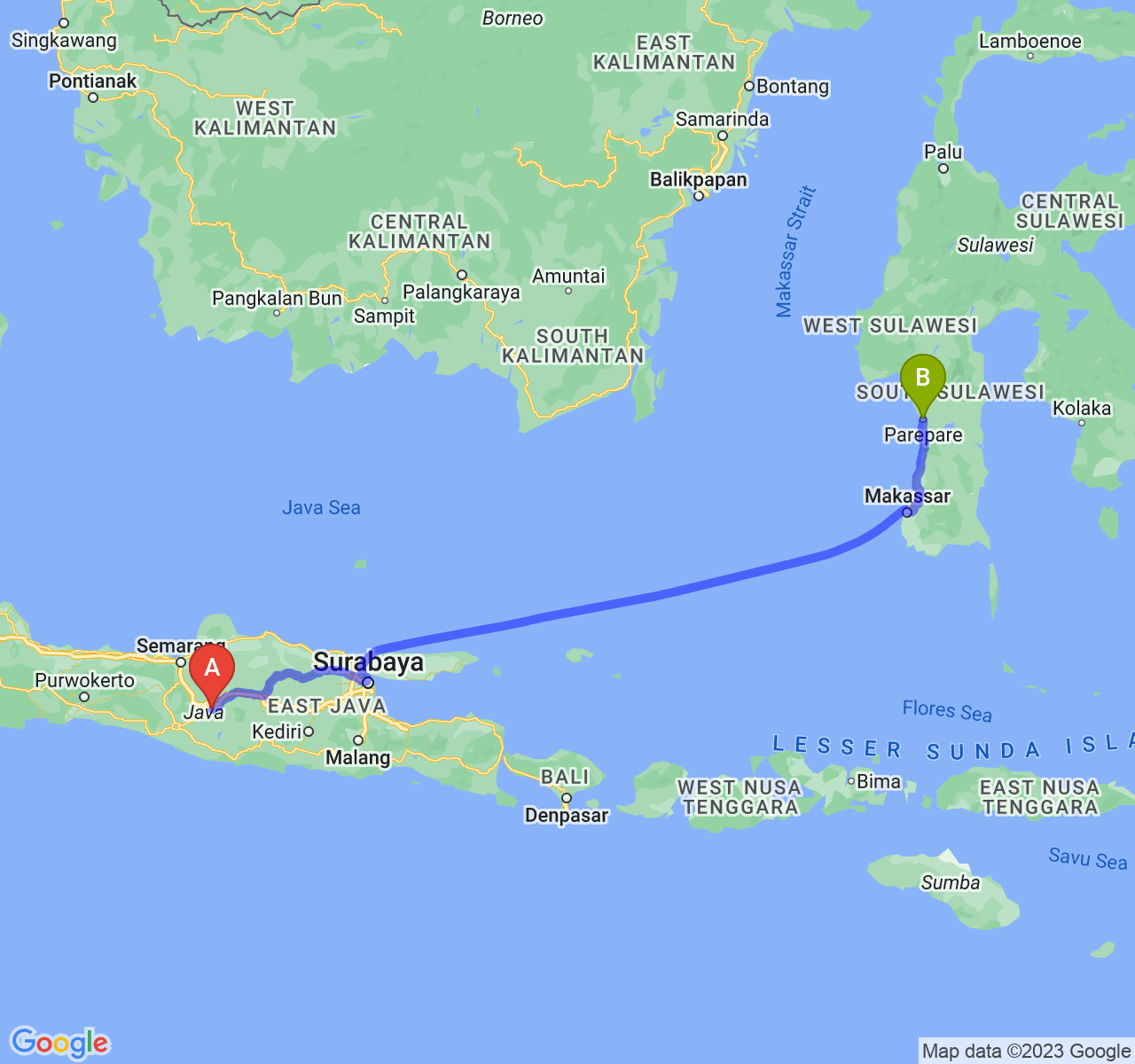 perjalanan dengan rute Kota Surakarta-Kota Parepare