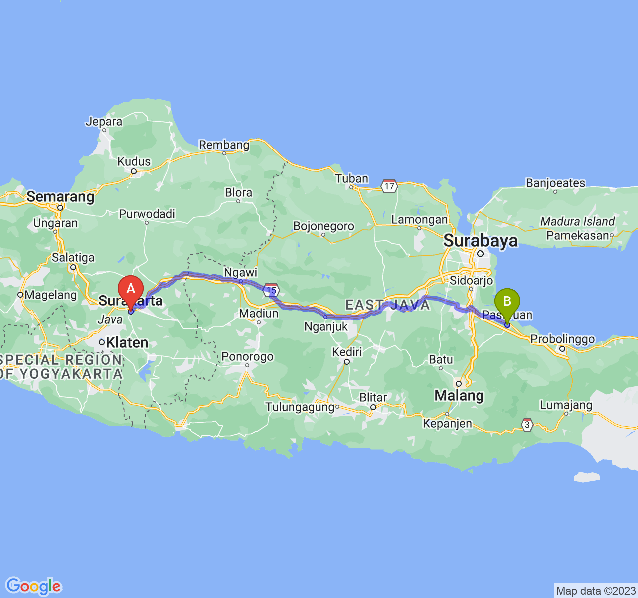 perjalanan dengan rute Kota Surakarta-Kota Pasuruan