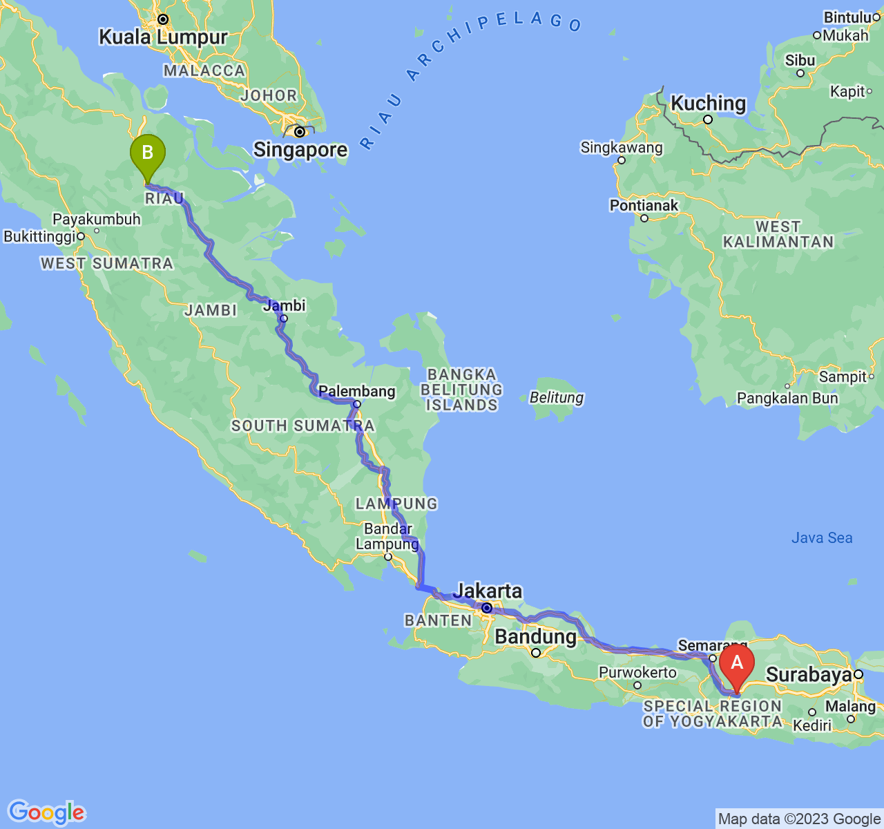 perjalanan dengan rute Kota Surakarta-Kota Pekanbaru