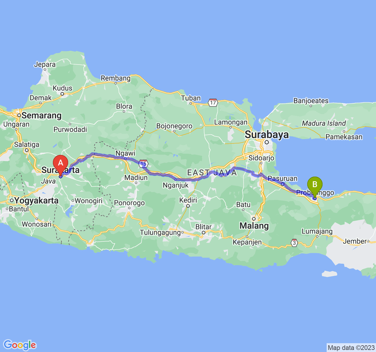 perjalanan dengan rute Kota Surakarta-Kota Probolinggo