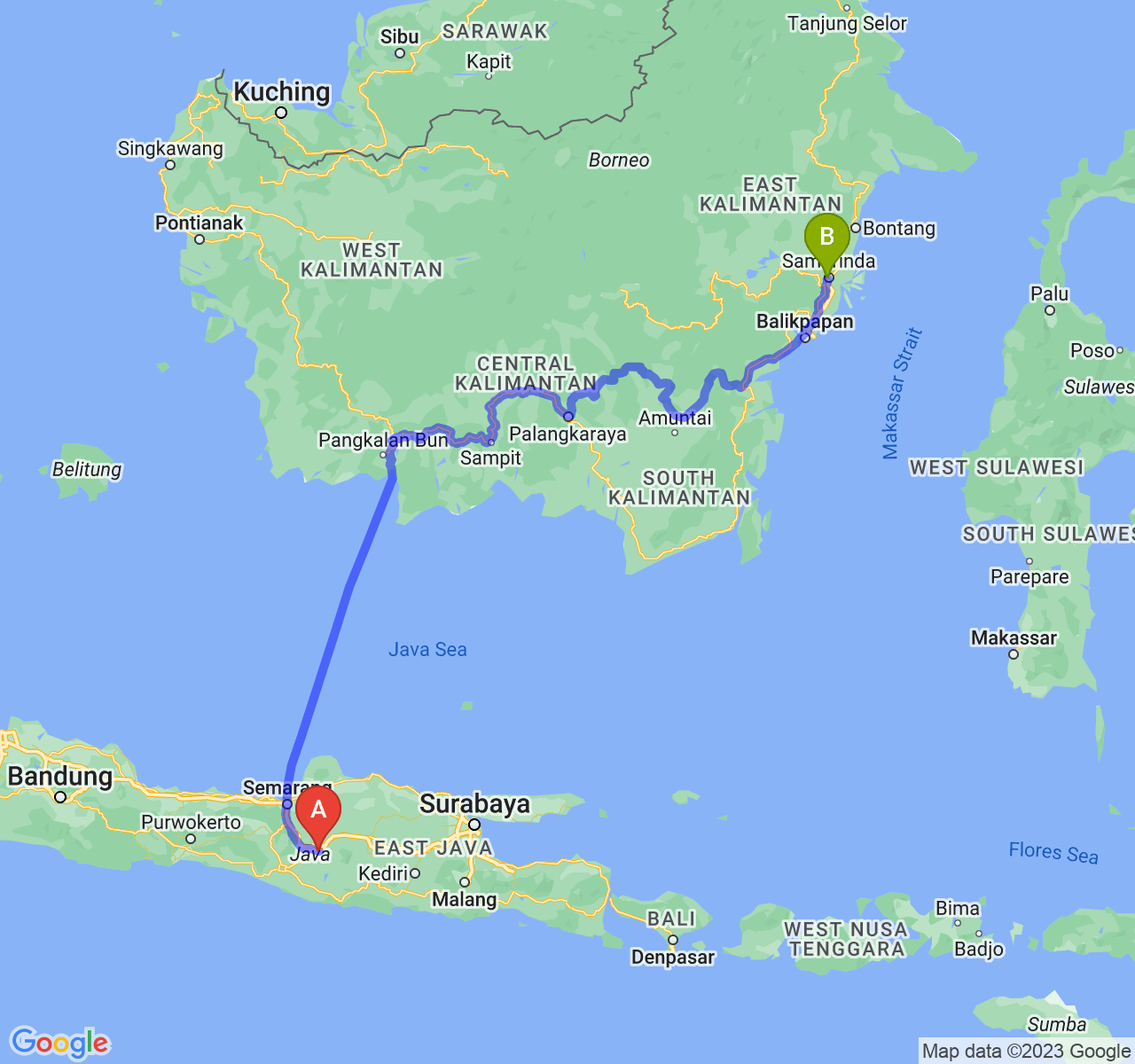 perjalanan dengan rute Kota Surakarta-Kota Samarinda