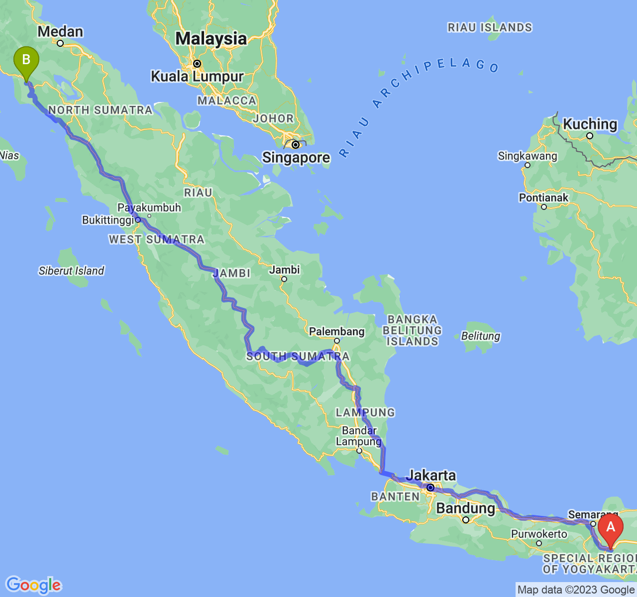 perjalanan dengan rute Kota Surakarta-Kota Subulussalam