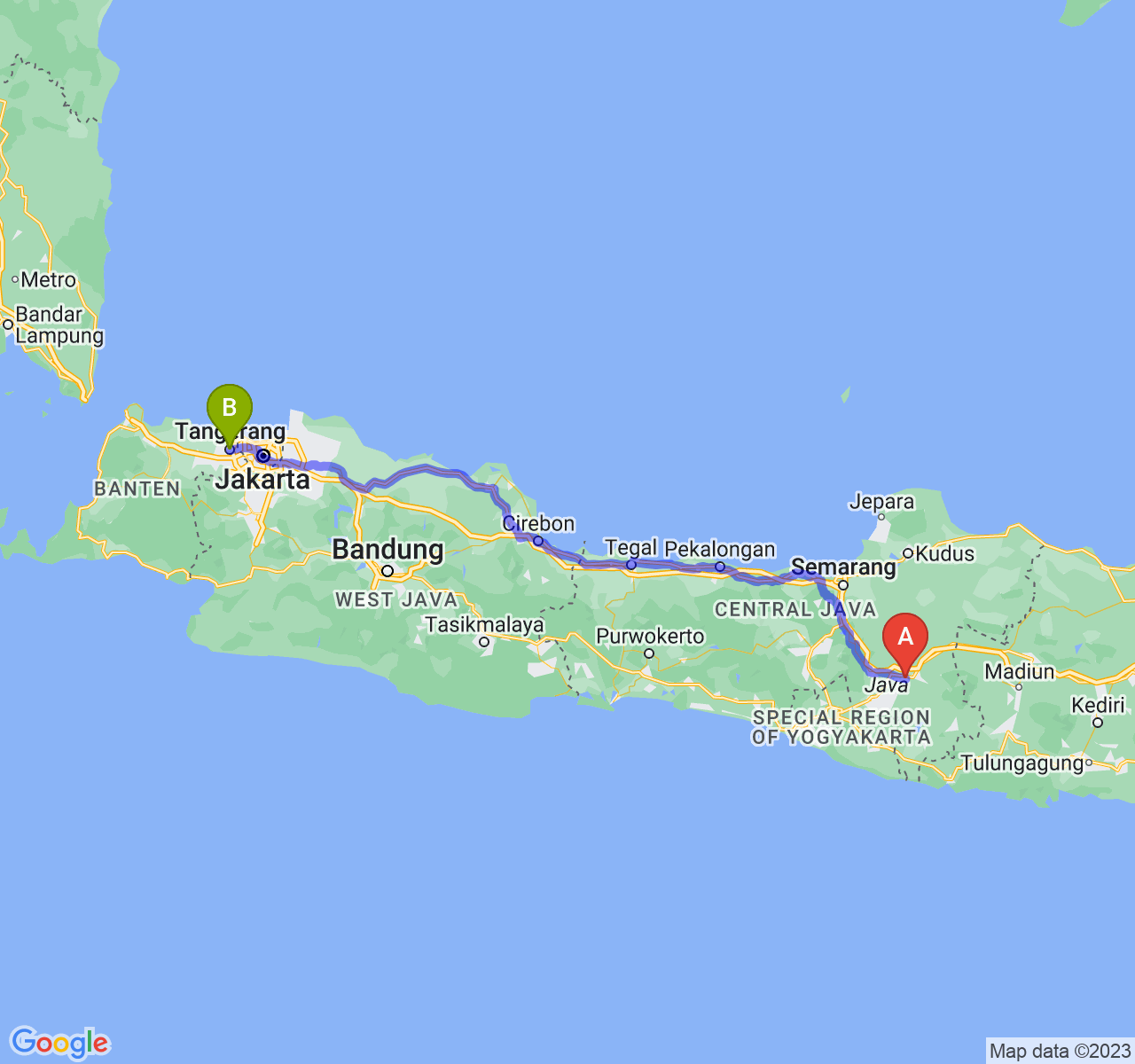 perjalanan dengan rute Kota Surakarta-Kota Tangerang