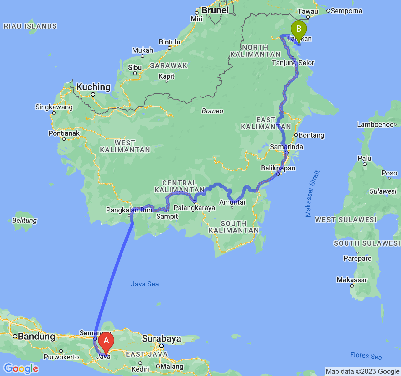 perjalanan dengan rute Kota Surakarta-Kota Tarakan