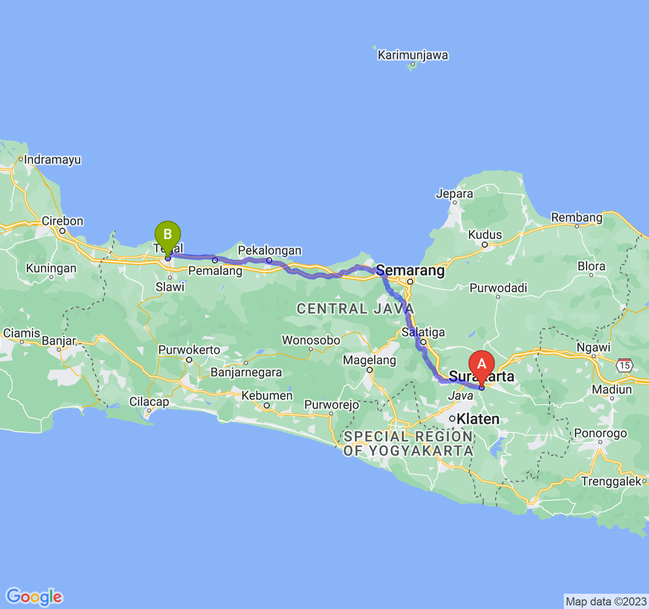 perjalanan dengan rute Kota Surakarta-Kota Tegal