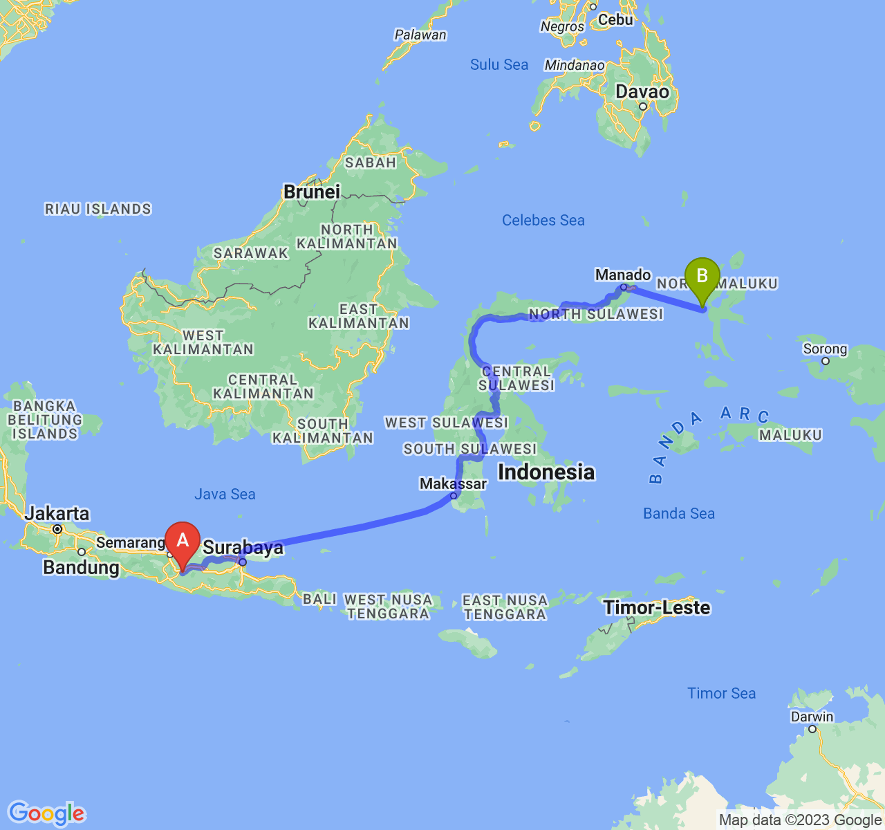 perjalanan dengan rute Kota Surakarta-Kota Ternate