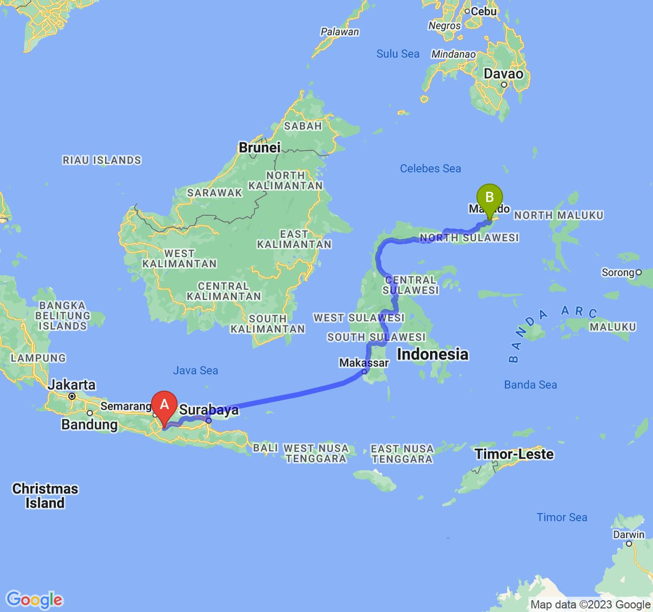 perjalanan dengan rute Kota Surakarta-Kota Tomohon