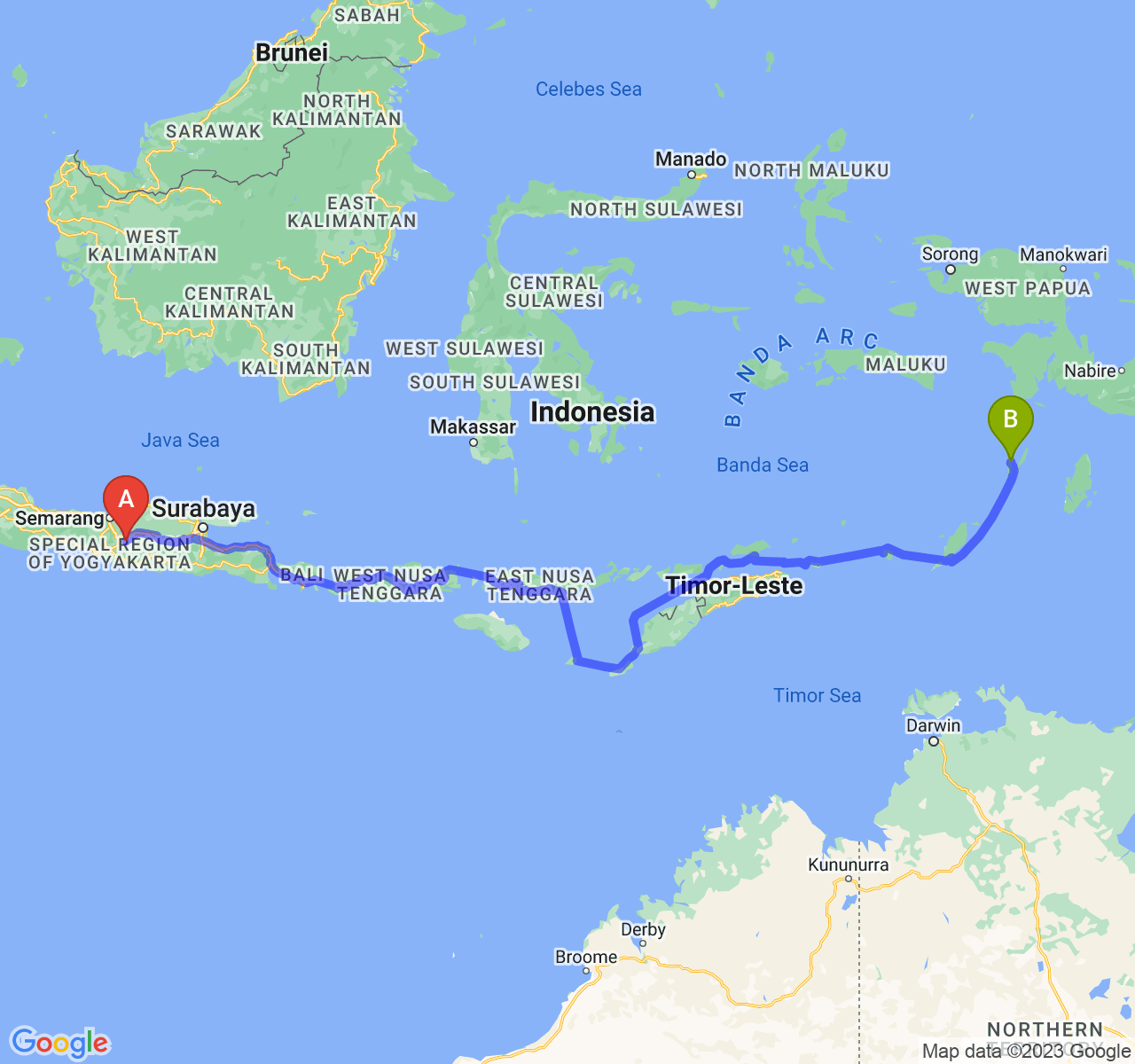 perjalanan dengan rute Kota Surakarta-Kota Tual