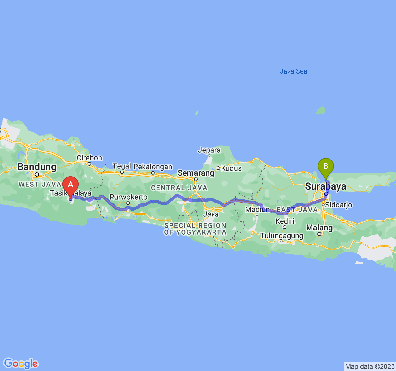 perjalanan dengan rute Kota Tasikmalaya-Kab. Bangkalan