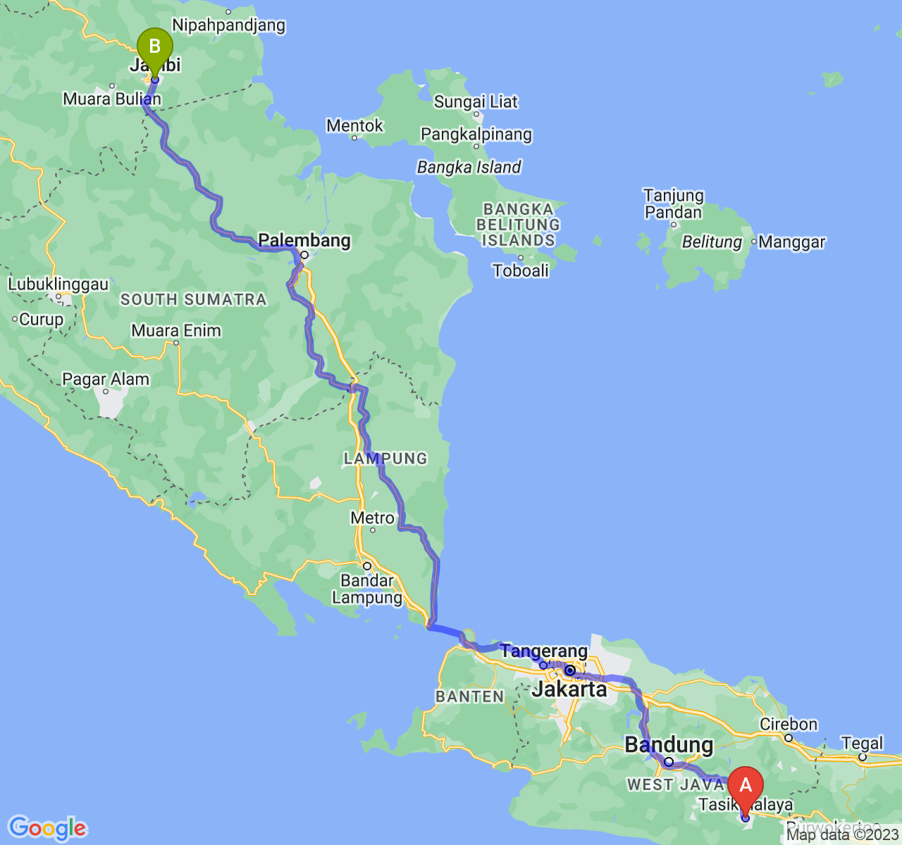 perjalanan dengan rute Kota Tasikmalaya-Kota Jambi