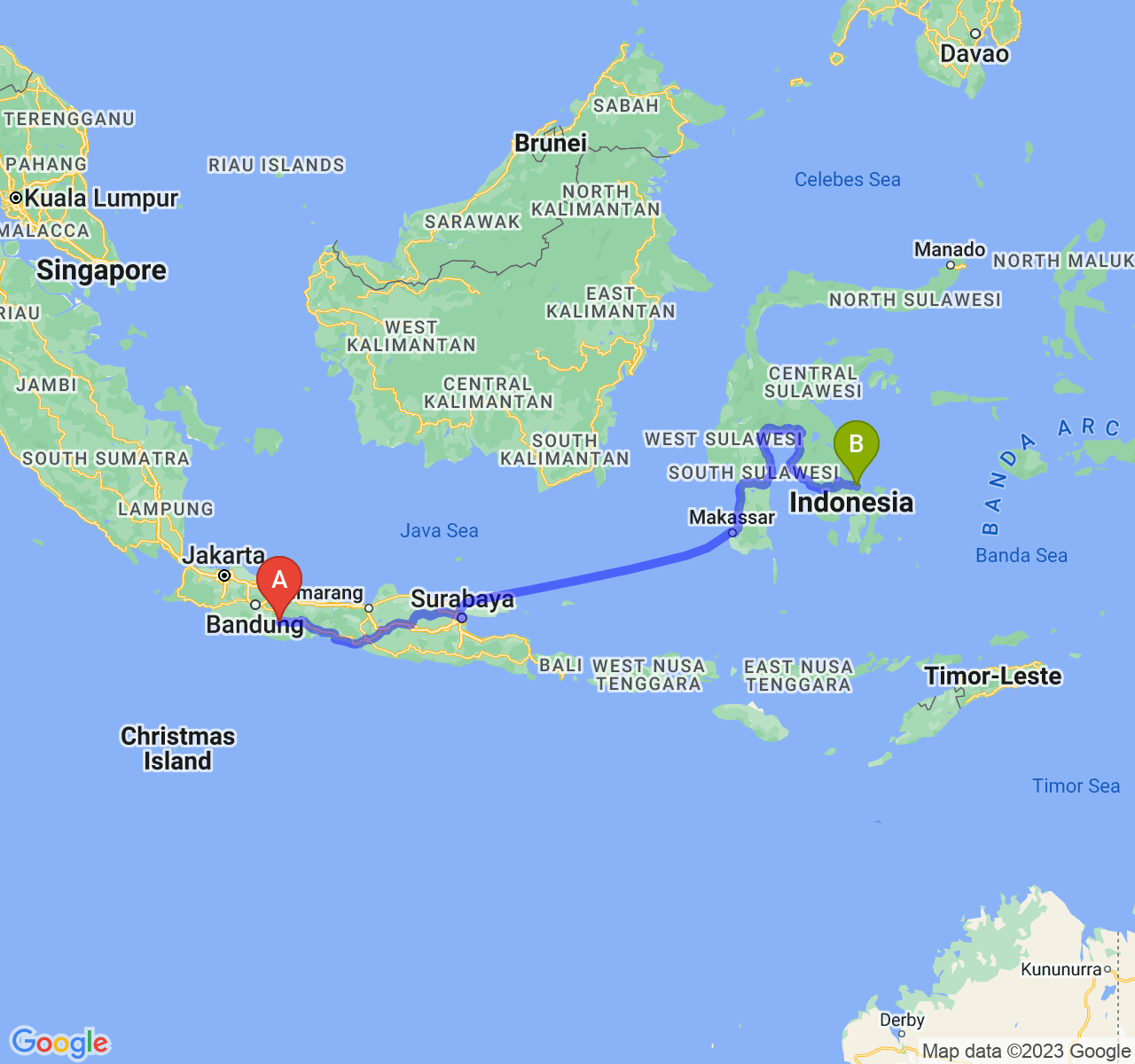 perjalanan dengan rute Kota Tasikmalaya-Kota Kendari