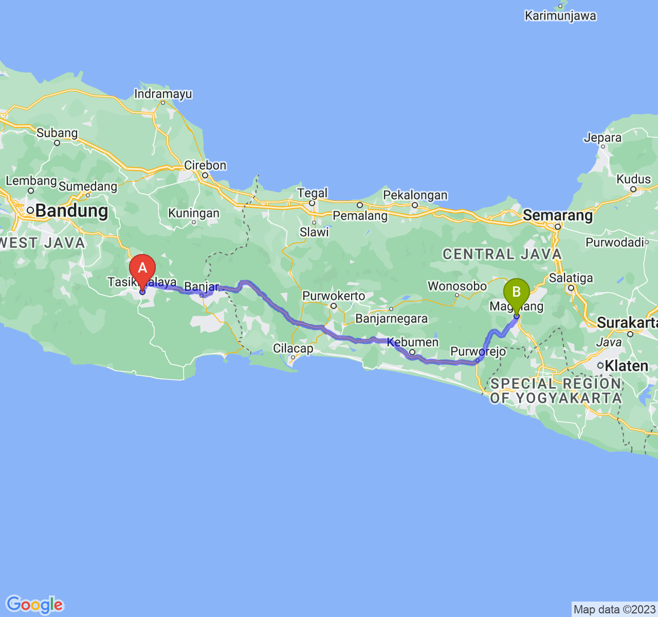 perjalanan dengan rute Kota Tasikmalaya-Kota Magelang