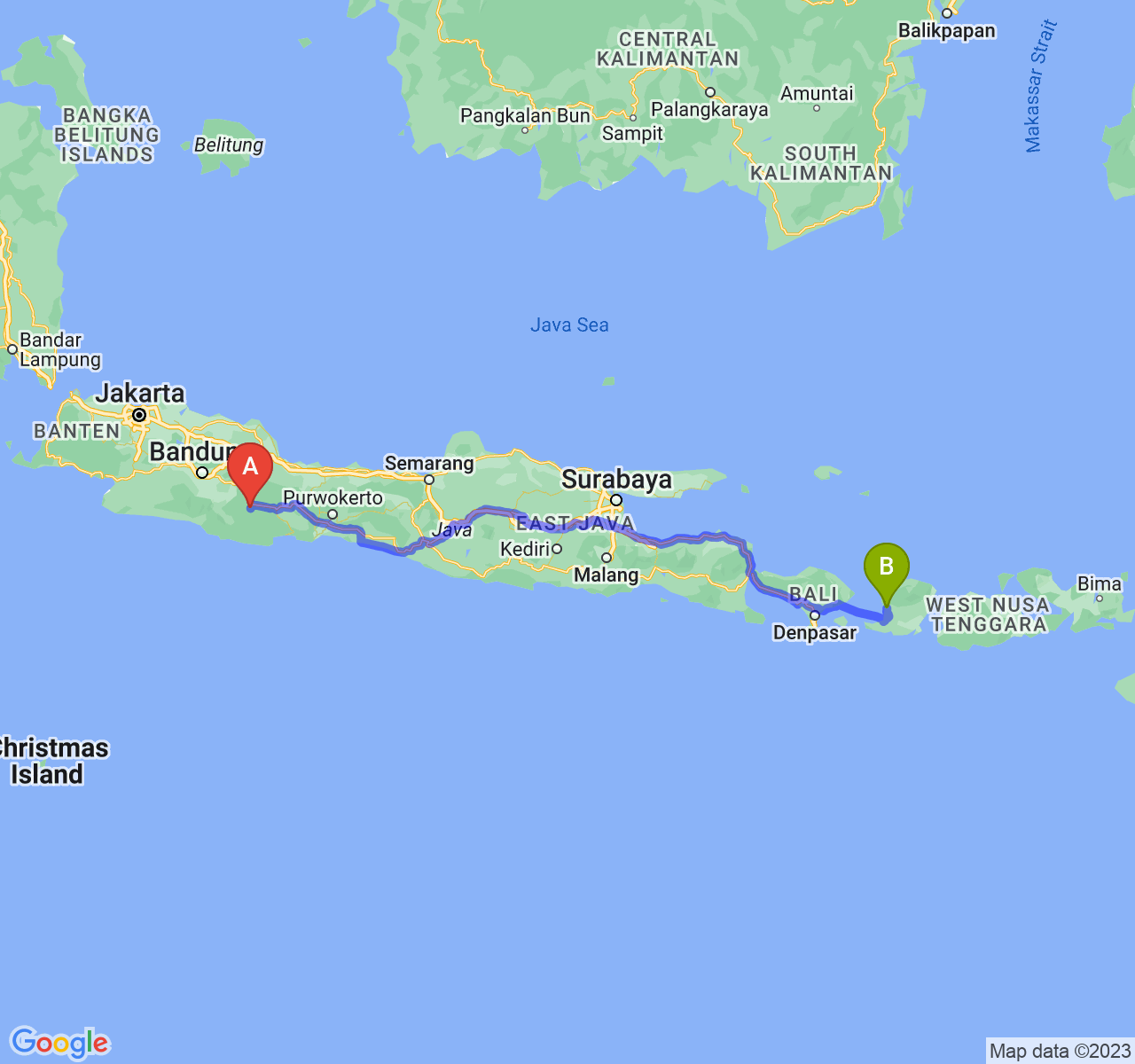 perjalanan dengan rute Kota Tasikmalaya-Kota Mataram