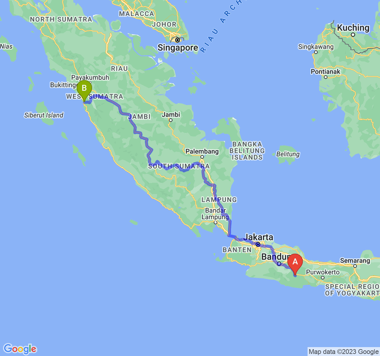 perjalanan dengan rute Kota Tasikmalaya-Kota Padang