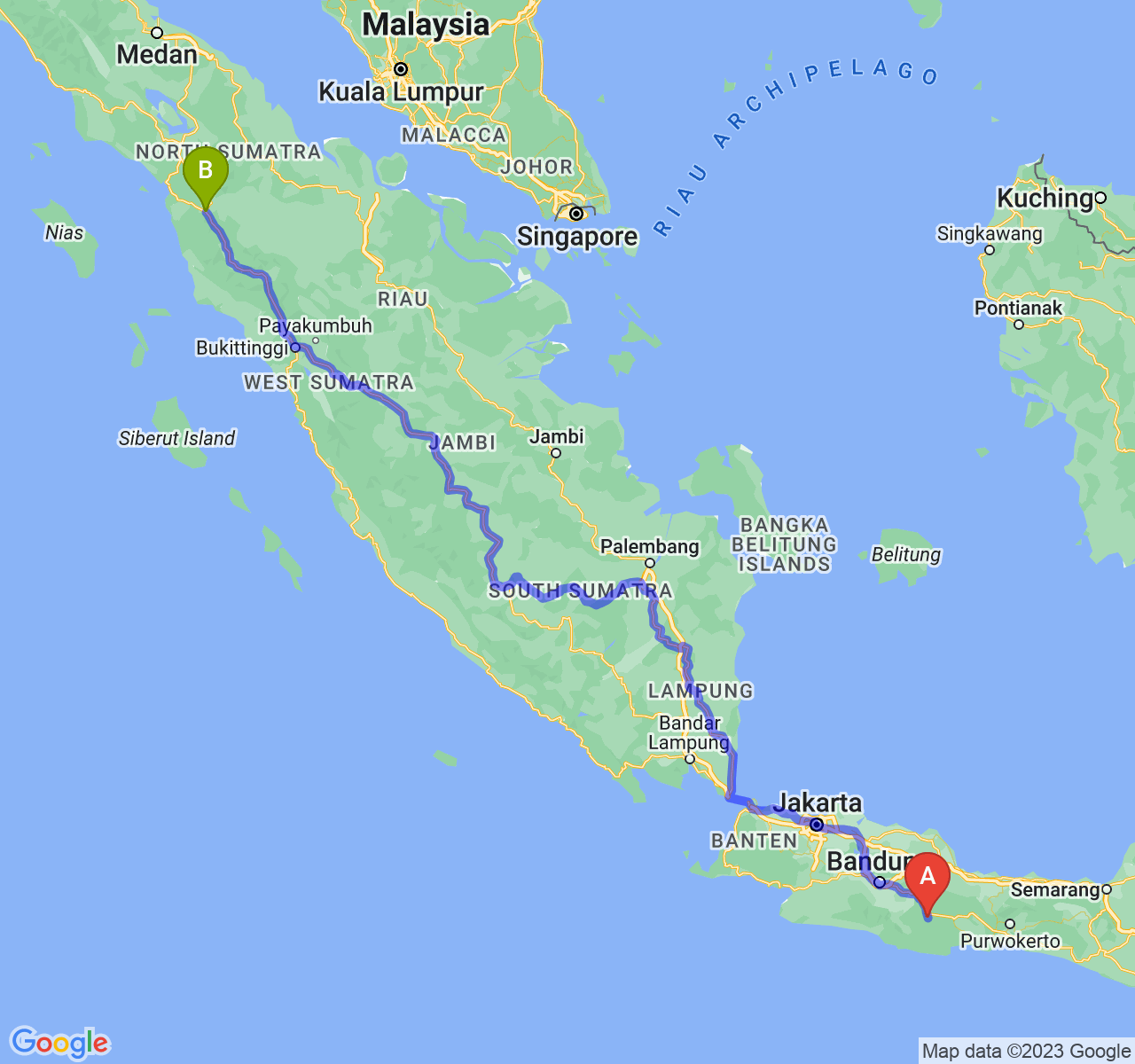 perjalanan dengan rute Kota Tasikmalaya-Kota Padang Sidimpuan