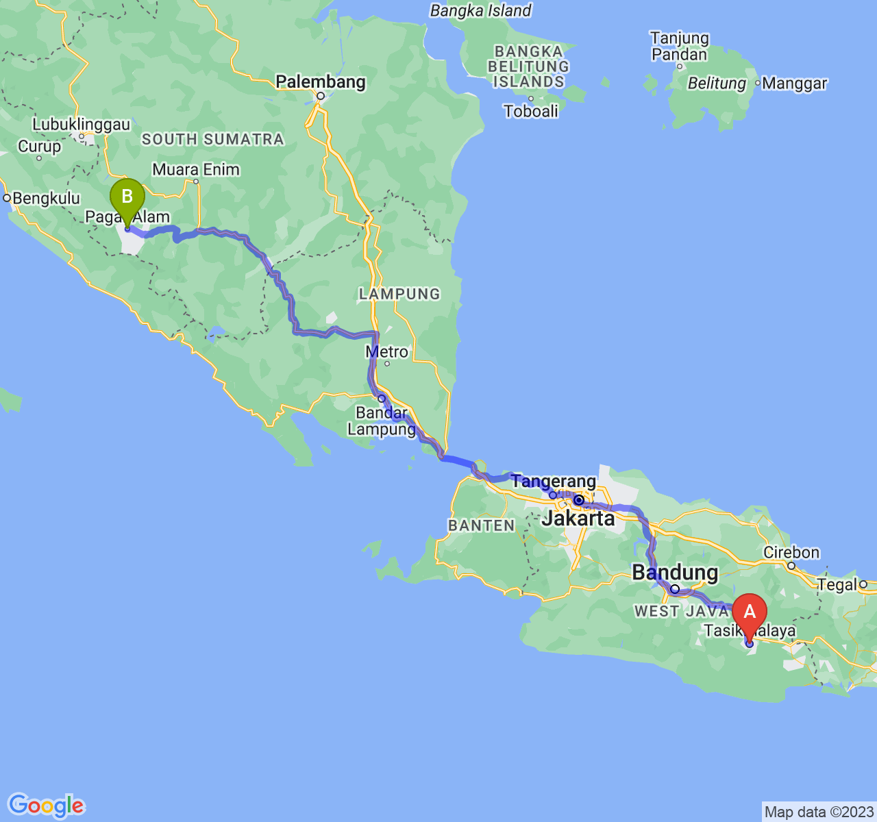 perjalanan dengan rute Kota Tasikmalaya-Kota Pagar Alam