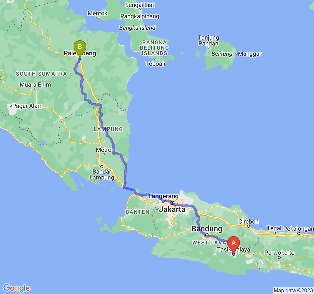 perjalanan dengan rute Kota Tasikmalaya-Kota Palembang