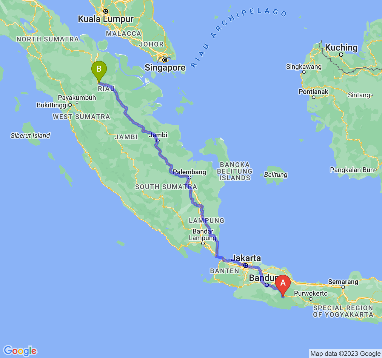 perjalanan dengan rute Kota Tasikmalaya-Kota Pekanbaru