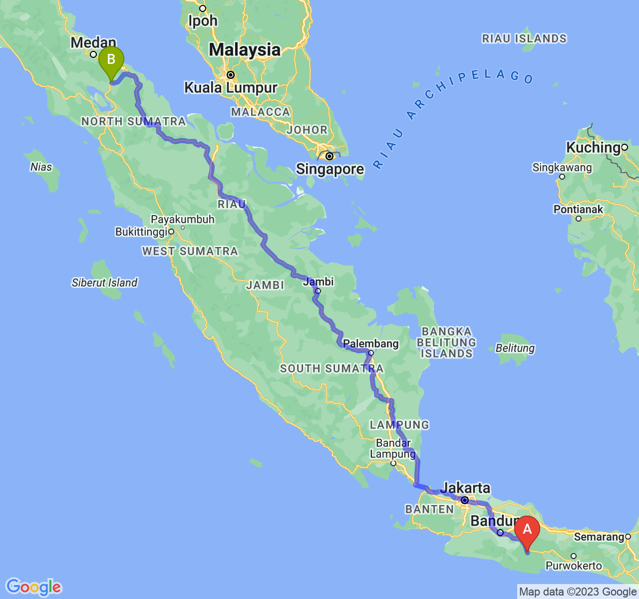 perjalanan dengan rute Kota Tasikmalaya-Kota Pematangsiantar