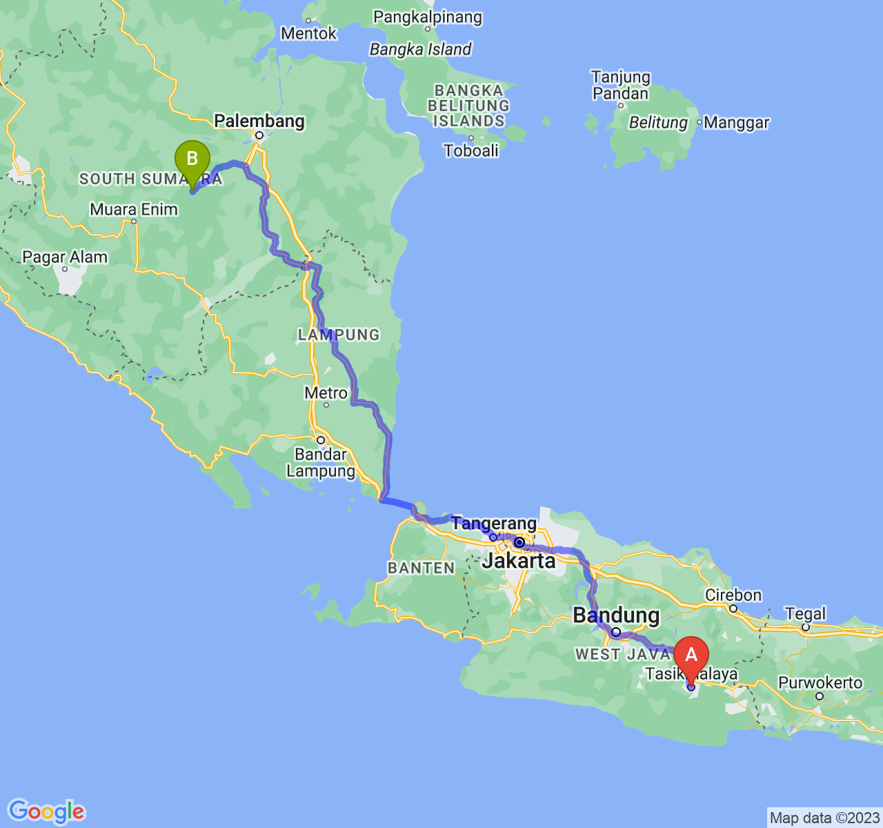 perjalanan dengan rute Kota Tasikmalaya-Kota Prabumulih