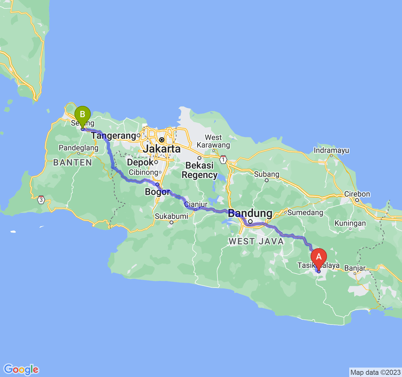 perjalanan dengan rute Kota Tasikmalaya-Kota Serang